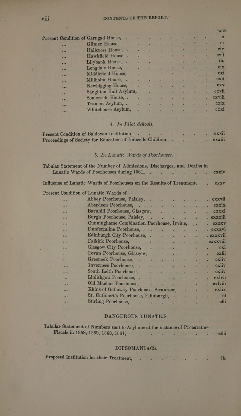 “~ PAGE Present Condition of Garngad House, . : : ; : : a; : e  Gilmer House, . : : 4 , : : ci os Halleross House, . : : : ‘ : 2 . ely Hawkfield House, . : : : : . , a cvil Lilybank House, . : ; . ; . : ib, Longdale House, . : . . . . : . cix Middlefield House, : : ; : : : : cxl Millholm House, . ; : : . é : s exii Newbigging House, ; ; ° : ‘ ° . CXv Saughton Hall Asylum, : : : 3 : RRS 46° Somerside House, . ; ; : ‘ : 4 . CXviil ‘Tranent Asylum, . ; : : ek ; NPA 6 «= Whitehouse Asylum, . ‘ : 4 ‘ : = ge oa 4, In Idiot Schools. Present Condition of Baldovan Institution, . : , : Pe 3) Proceedings of Society for Education of Imbecile Brace . ; : TE << / 5. In Lunatic Wards of Poorhouses. Tabular Statement of the Number of Admissions, Discharges, and Deaths in Lunatic Wards of Poorhouses during 1861, . : . : . . @Xxiv Influence of Lunatic Wards of Poorhouses on the Results of Treatment, . OXXV Present Condition of Lunatic Wards of— Abbey Poorhouse, Paisley, . ’ ; 5 ; .. CXXVil — Aberdeen Poorhouse,. . ; : ; ; . @Xxix Ake. Barnhill Poorhouse, Gisccow | . OER was Burgh Poorhouse, Paisley, . A . CXXXill Cunninghame Combination Poorhouse, Serine od . C@XXXV Dunfermline Poorhouse, . : ; . : . CXXXVi ae Edinburgh City Poorhouse, . ; , : : . CXXXVil Falkirk Poorhouse, ; : ‘ ; ; ; CXXXViii Glasgow City Poorhouse, . . F ; eae exl Govan Poorhouse, Glasgow, ; : - exhti Greenock Poorhouse, . ‘ : : ; ; . exliv Inverness Poorhouse, . 5 ; ; ; oo EY: South Leith Poorhouse, . : idk : . Rexiy Linlithgow Poorhouse, . 3 , ‘ : - . ¢exivii Old Machar Poorhouse, : rig ra . exiviii vis Rhins of Galloway Poorhouse, Suen : : 2. cetera St. Cuthbert’s Poorhouse, Reinboreht nae: Sut cl Stirling Poorhouse, : ; ; : . ‘ ‘ elii DANGEROUS LUNATICS. Tabular Statement of Numbers sent to Asylums at the instance of Procurator- Fiscals in 1858, 1859, 1860, 1861, , 3 eliii DIPSOMANIACS. Proposed Institution for their Treatment,