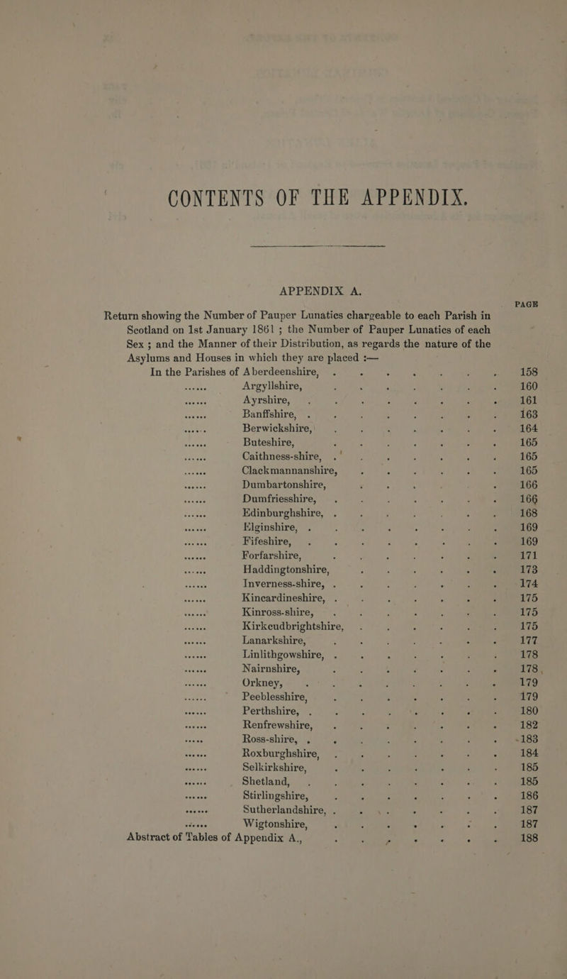 CONTENTS OF THE APPENDIX. APPENDIX A. PAGE Return showing the Number of Pauper Lunaties chargeable to each Parish in Scotland on Ist January 1861 ; the Number of Pauper Lunatics of each Sex ; and the Manner of their Distribution, as regards the nature of the Asylums and Houses in which they are placed :— In the Parishes of Aberdeenshire, . : : ‘ ‘ ; : 158 eran Argyllshire, : : : : ‘ : : 160 Mantas Ayrshire, . ; : : ‘ ; ; . 161 Ree ea ' Banffshire, . : , ; : i ’ ; 163 Seekes Berwickshire, . : : . ‘ : ; 164 eee Buteshire, ; : : 2 ‘ : : 165 Caithness-shire, .' . : ; : ; 5 165 Clackmannanshire, : : . : ; : 165 asi Dumbartonshire, ‘ : ‘ ; : 166 eke Dumfriesshire, . ; : ; ; : ‘ 166 Siyeee Edinburghshire, . ; i : A : 168 0 ou Elginshire, . ; : : ; ; : 169 ionase Fifeshire, . ‘ ; : : ; : . 169 rooney Forfarshire, s : : . ; ; : wal Haddingtonshire, - ; : ; ; : 173 staaee Inverness-shire, . ‘ ; ; : ; : 174 ised Kincardineshire, . ‘ : : < : 175 basse Kinross-shire, . . ; ; : ; : 175 re Kirkeudbrightshire, . , . ‘ : : 175 wales Lanarkshire, : , ; : ‘ x ‘ 177 biases Linlithgowshire, . : : : . ; ‘ 178 peda Nairnshire, : ; : ; 5 : : 178 se Orkney, : : : : : j : 179 voles Peeblesshire, : ; : : : : ‘ 179 vote Perthshire, . : y ; . : . : 180 dikaes Renfrewshire, . : ; : : F : 182 pee Ross-shire, . . A : : é » Teles faeses Roxburghshire, . ‘ ; : , : . 184 diese Selkirkshire, : : : ; ‘ : : 185 lie Shetland, . 5 : : : i : 185 webeos Stirlingshire, ‘ : ; . ; : ‘ 186 veeees Sutherlandshire, . kt Sees ° . ; ‘ 187 sdveee Wigtonshire, , : . . ‘ . , 187