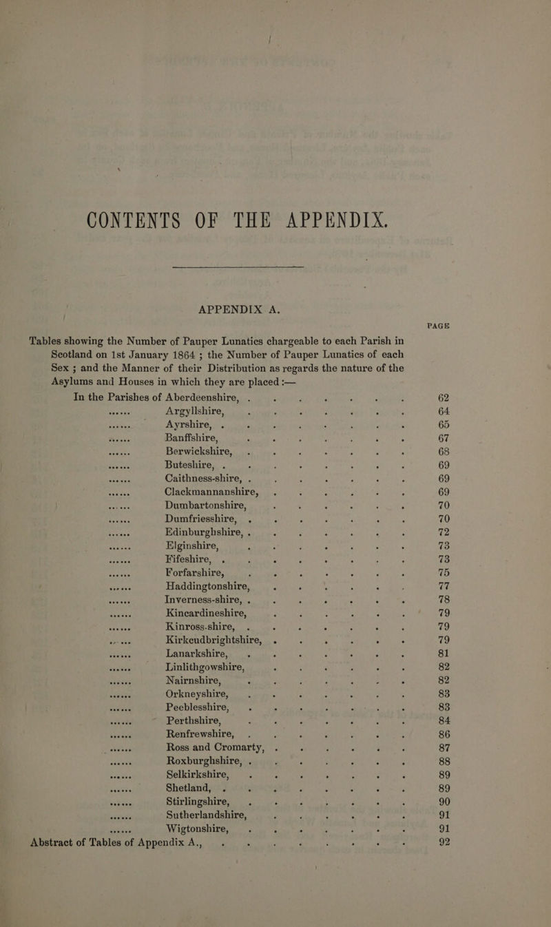 APPENDIX A. eereee eeevee weaves eesece ver eee ences eeccee eee vee soe eee erecce eoreere eeecce Argyllshire, Ayrshire, Banffshire, Berwickshire, Buteshire, . Caithness-shire, . Clackmannanshire, Dumbartonshire, Dumfriesshire, Edinburghshire, . Elginshire, Fifeshire, Forfarshire, Haddingtonshire, Inverness-shire, . Kincardineshire, Kinross.shire, ‘ 3 F ‘ Kirkeudbrightshire, . . ; , ° Lanarkshire, : Linlithgowshire, Nairnshire, Orkneyshire, Peeblesshire, Perthshire, Renfrewshire, Ross and Cromarty, Roxburghshire, . Selkirkshire, Shetland, . Stirlingshire, Sutherlandshire, Wigtonshire, PAGE