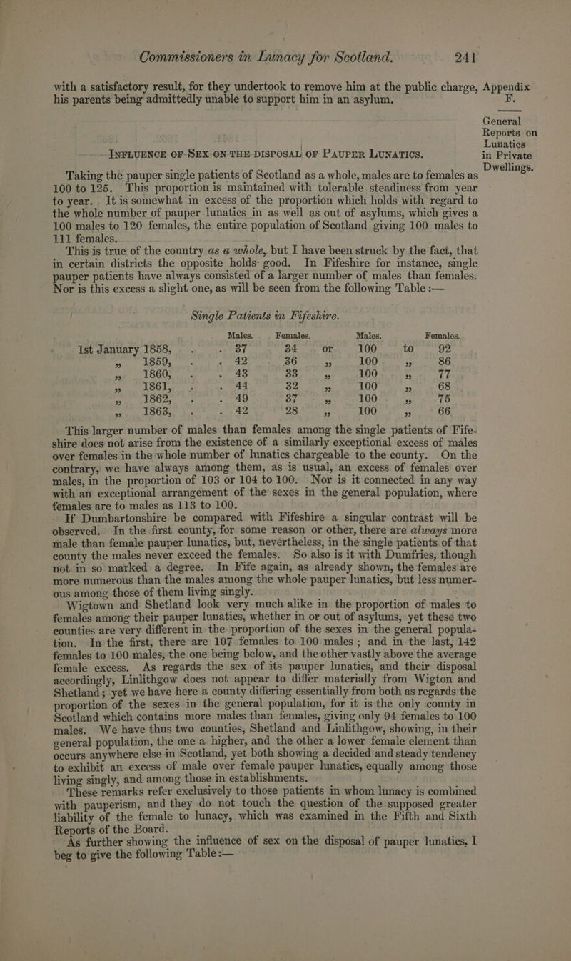 with a satisfactory result, for they undertook to remove him at the public charge, Appendix his parents being admittedly unable to support him in an asylum. F, General Reports on Lunatics INFLUENCE OF SEX-ON THE-DISPOSAL OF PAUPER LUNATICS. in Private : : Diwelliags, Taking the pauper single patients of Scotland as a whole, males are to females as adver a 100 to 125. This proportion is maintained with tolerable steadiness from year to year. It is somewhat in excess of the proportion which holds with regard to the whole number of pauper lunatics in as well as out of asylums, which gives a 100 males to 120 females, the entire population of Scotland giving 100 males to 111 females. This is true of the country as @ whole, but I have been struck by the fact, that in certain districts the opposite holds- good. In Fifeshire for instance, single pauper patients have always consisted of a larger number of males than females. Nor is this excess a slight one, as will be seen from the following Table :— | Single Patients in Fifeshire. Males. Females. Males. Females. 1st January 1858, .. eat 34 or 100 to 92 pa Tp, ~ 42 36 39 100 9 86 i L8G. os . 43 33 pa 100 ” 77 ad 1561, - > . 44 32 $3 100 ” 68 ‘*s bese . 49 37 9 100 %9 15 Pe T863,, *.. . 42 28 ae 100 99 66 This larger number of males than females among the single patients of Fife- shire does not arise from the existence of a similarly exceptional excess of males over females in the whole number of lunatics chargeable to the county. On the contrary, we have always among them, as is usual, an excess of females over males, in the proportion of 103 or 104.t0 100. Nor is it connected in any way with an exceptional arrangement of the sexes in the general population, where females are to males as 113 to 100. If Dumbartonshire be compared with Fifeshire a singular contrast will be observed. In the first county, for some reason or other, there are always more male than female pauper lunatics, but, nevertheless, in the single patients of that county the males never exceed the females. So also is it with Dumfries, though not in so marked a degree. In Fife again, as already shown, the females are more numerous than the males among the whole pauper lunatics, but less numer- ous among those of them living singly. Wigtown and. Shetland look very much alike in the proportion of males to females among their pauper lunatics, whether in or out of asylums, yet these two counties are very different in the proportion of the sexes in the general popula- tion. In the first, there are 107 females to 100 males ; and in the last, 142 females to 100 males, the one being below, and the other vastly above the average female excess. As regards the sex of its pauper lunatics, and their disposal accordingly, Linlithgow does not appear to differ materially from Wigton and Shetland; yet we have here a county differing essentially from both as regards the proportion of the sexes in the general population, for it is the only county in Scotland which contains more males than females, giving only 94 females to 100 males. We have thus two counties, Shetland and Linlithgow, showing, in their general population, the one a higher, and the other a lower female element than occurs anywhere else in Scotland, yet both showing a decided and steady tendency to exhibit an excess of male over female pauper lunatics, equally among those living singly, and among those in establishments. These remarks refer exclusively to those patients in whom lunacy is combined with pauperism, and they do not touch the question of the supposed greater liability of the female to lunacy, which was examined in the Fifth and Sixth Reports of the Board. ; As further showing the influence of sex on the disposal of pauper lunatics, I beg to give the following Table :— .