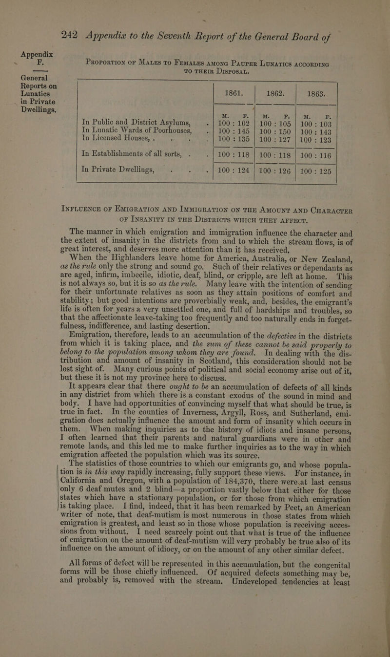 ~ F. General Reports on Lunatics in Private Dwellings, 1861. 1862. 1863. BR al ate Sy es A: A F. In Public and District Asylums, 100 : 102 | 100: 105 | 100: 103 In Lunatic Wards of Poorhouses, 100 : 145 | 100: 150 | 100: 143 In Licensed Houses, . 100 : 185 | 100 : 127 | 100 : 123 In Establishments of all sorts, 100: 118 | 100: 118 | 100: 116 In Private Dwellings, 100 : 124 | 100: 126 | 100: 125 INFLUENCE OF EMIGRATION AND IMMIGRATION ON THE AMOUNT AND CHARACTER oF INSANITY IN THE DISTRICTS WHICH THEY AFFECT. The manner in which emigration and immigration influence the character and the extent of insanity in the districts from and to which the stream flows, is of great interest, and deserves more attention than it has received, When the Highlanders leave home for America, Australia, or New Zealand, as the rule only the strong and sound go. Such of their relatives or dependants as are aged, infirm, imbecile, idiotic, deaf, blind, or cripple, are left at home. This is not always so, but itis so as the rule. Many leave with the intention of sending for their unfortunate relatives as soon as they attain positions of comfort and stability ; but good intentions are proverbially weak, and, besides, the emigrant’s life is often for years a very unsettled one, and full of hardships and troubles, so that the affectionate leave-taking too frequently and too naturally ends in forget- fulness, indifference, and lasting desertion. Emigration, therefore, leads to an accumulation of the defective in the districts from which it is taking place, and the sum of these cannot be said properly to belong to the population among whom they are found. In dealing with the dis- tribution and amount of insanity in Scotland, this consideration should not be lost sight of. Many curious points of political and social economy arise out of it, but these it is not my province here to discuss. It appears clear that there ought to be an accumulation of defects of all kinds in any district from which there is a constant exodus of the sound in mind and body. I have had opportunities of convincing myself that what should be true, is true in fact. In the counties of Inverness, Argyll, Ross, and Sutherland, emi- gration does actually influence the amount and form of insanity which occurs in them. When making inquiries as to the history of idiots and insane persons, I often learned that their parents and natural guardians were in other and remote lands, and this led me to make further inquiries as to the way in which emigration affected the population which was its source. The statistics of those countries to which our emigrants go, and whose popula- For instance, in \California and Oregon, with a population of 184,370, there were.at last census only 6 deaf mutes and 2 blind—a proportion vastly below that either for those \states which have a stationary population, or for those from which emigration jis taking place. I find, indeed, that it has been remarked by Peet, an American writer of note, that deaf-mutism is most numerous in those states from which emigration is greatest, and least so in those whose population is receiving acces- sions from without. I need scarcely point out that what is true of the influence of emigration on the amount of deaf-mutism will very probably be true also of its influence on the amount of idiocy, or on the amount of any other similar defect. All forms of defect will be represented in this accumulation, but the congenital forms will be those chiefly influenced. Of acquired defects something may be, and probably is, removed with the stream. Undeveloped tendencies at least