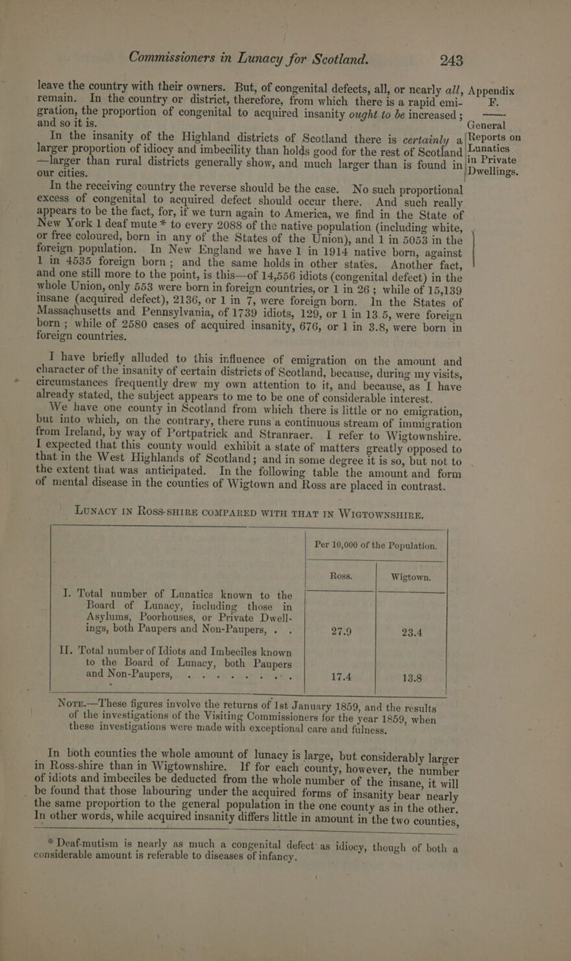 leave the country with their owners. But, of congenital defects, all, or nearly al/, Appendix remain. In the country or district, therefore, from which there is a rapid emi- F. gration, the proportion of congenital to acquired insanity ought to be increased ; : and so it is. General In the insanity of the Highland districts of Scotland there is certainly a, Reports on larger proportion of idiocy and imbecility than holds good for the rest of Scotland Laan —larger than rural districts generally show, and much larger than is found in wellin: 2 our cities. ; f ci In the receiving country the reverse should be the case. No such proportional excess of congenital to acquired defect should occur there. And such really appears to be the fact, for, if we turn again to America, we find in the State of New York 1 deaf mute * to every 2088 of the native population (including white, or free coloured, born in any of the States of the Union), and 1 in 5053 in the foreign population. In New England we have 1 in 1914 native born, against 1 in 4535 foreign born; and the same holds in other states, Another fact, and one still more to the point, is this—of 14,556 idiots (congenital defect) in the whole Union, only 553 were born in foreign countries, or 1 in 26 ; while of 15,139 insane (acquired defect), 2136, or 1 in 7, were foreign born. In the States of Massachusetts and Pennsylvania, of 1739 idiots, 129, or 1 in 13.5, were foreign born ; while of 2580 cases of acquired insanity, 676, or 1 in 3.8, were born in foreign countries. I have briefly alluded to this influence of emigration on the amount and character of the insanity of certain districts of Scotland, because, during my visits, circumstances frequently drew my own attention to it, and because, as I have already stated, the subject appears to me to be one of considerable interest. We have one county in Scotland from which there is little or no emigration, but into which, on the contrary, there runs a continuous stream of immigration from Ireland, by way of Portpatrick and Stranraer. I refer to Wigtownshire. I expected that this county would exhibit a state of matters greatly opposed to that in the West Highlands of Scotland; and in some degree it is so, but not to the extent that was anticipated. In the following table the amount and form of mental disease in the counties of Wigtown and Ross are placed in contrast. Lunacy IN Ross- SHIRE COMPARED WITH THAT IN WIGTOWNSHIRE. Per 10,000 of the Population. Ross. Wigtown, I. Total number of Lunatics known to the Board of Lunacy, including those in Asylums, Poorhouses, or Private Dwell- ings, both Paupers and Non-Paupers, . . 27.9 23.4 II. Total number of Idiots and Imbeciles known to the Board of Lunacy, both Paupers and Non-Paupers, 17.4 13.8 Nors.—These figures involve the returns of 1st January 1859, and the results of the investigations of the Visiting Commissioners for the year 1859, when these investigations were made with exceptional care and fulness, In both counties the whole amount of lunacy is large, but considerably larger in Ross-shire than in Wigtownshire. If for each county, however, the number of idiots and imbeciles be deducted from the whole number of the insane, it will _ be found that those labouring under the acquired forms of insanity bear nearly the same preportion to the general population in the one county as in the other. In other words, while acquired insanity differs little in amount in the two counties > * Deaf-mutism is nearly as much a congenital defect’ as idiocy, though of both a considerable amount is referable to diseases of infancy.