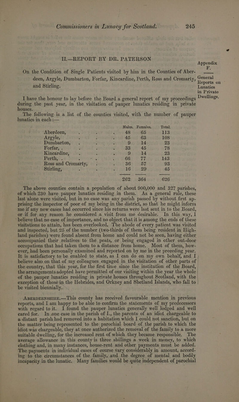 Il.—REPORT BY DR. PATERSON } ‘ On the Condition of Single Patients visited by him in the Counties of Aber- deen, Argyle, Dumbarton, Forfar, Kincardine, Perth, Ross and Cromarty, and Stirling. I have the honour to lay before the Board a general report of my proceedings during the past year, in the visitation of pauper lunatics residing in private houses. The following is a list of the counties visited, with the number of pauper lunatics in each :— 3 Males. Females. Total. Aberdeen, . : d 48 65 113 Argyle, : { 2 45 63 108 Dumbarton, . . ; 9 14 23 Forfar, . é 2 : 33 45 78 Kincardine, : : 9 14 23 Perth, . d rt : 66 77 143 Ross and Cromarty, . 3 36 57 93 Stirling, P : é 16 29 45 262 364 626 The above counties contain a population of about 900,000 and 327 parishes, of which 230 have pauper lunatics residing in them. As a general rule, these last alone were visited, but in no case was any parish passed by without first ap- prising the inspector of poor of my being in the district, so that he might inform me if any new cases had occurred since his returns were last sent in to the Board, or if for any reason he considered a visit from me desirable. In this way, I ‘ believe that no case of importance, and no object that it is among the ends of these visitations to attain, has been overlooked, The abode of every patient was visited and inspected, but 25 of the number (two-thirds of them being resident in High- land parishes) were found absent from home and could not be seen, having either accompanied their relatives to the peats, or being engaged in other out-door occupations that had taken them to a distance from home. Most of them, how- ever, had been personally examined and reported on by me in the preceding year. It is satisfactory to be enabled to state, as 1 can do on my own behalf, and I believe also on that of my colleagues engaged in the visitation of other parts of Appendix General Reports on Lunatics in Private Dwellings. } of the pauper lunatics residing in private houses throughout Scotland, with the be visited biennially. ABERDEENSHIRE.—This county has received favourable mention in previous reports, and I am happy to be able to confirm the statements of my predecessors with regard to it. I found the pauper lunatics generally well lodged and well cared for. In .one case in the parish of I., the parents of an idiot chargeable to a distant parish had removed into a habitation which I could not sanction, but on the matter being represented to the parochial board of the parish to which the idiot was chargeable, they at once authorized the removal of the family to a more suitable dwelling, for the increased rent of which they became responsible. The average allowance in this county is three shillings a week in money, to which clothing and, in many instances, house-rent and other payments must be added. The payments in individual cases of course vary considerably in amount, accord- ing to the circumstances of the family, and the degree of mental and bodily incapacity in the lunatic. Many families would be quite independent of parochial