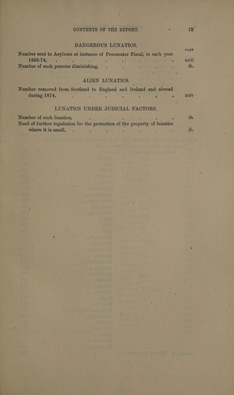 DANGEROUS LUNATICS. Number sent to Asylums at instance of Procurator Fiscal, in each year 1865-74, . es ’ | ' : : Number of such persons aiehtntshin di ALIEN LUNATICS. Number removed from Scotland to England and Ireland and abroad LUNATICS UNDER JUDICIAL FACTORS. Number of such lunatics, Need of further legislation for the pone of the property of hinate where it is small, ; PAGE Xelli ib.