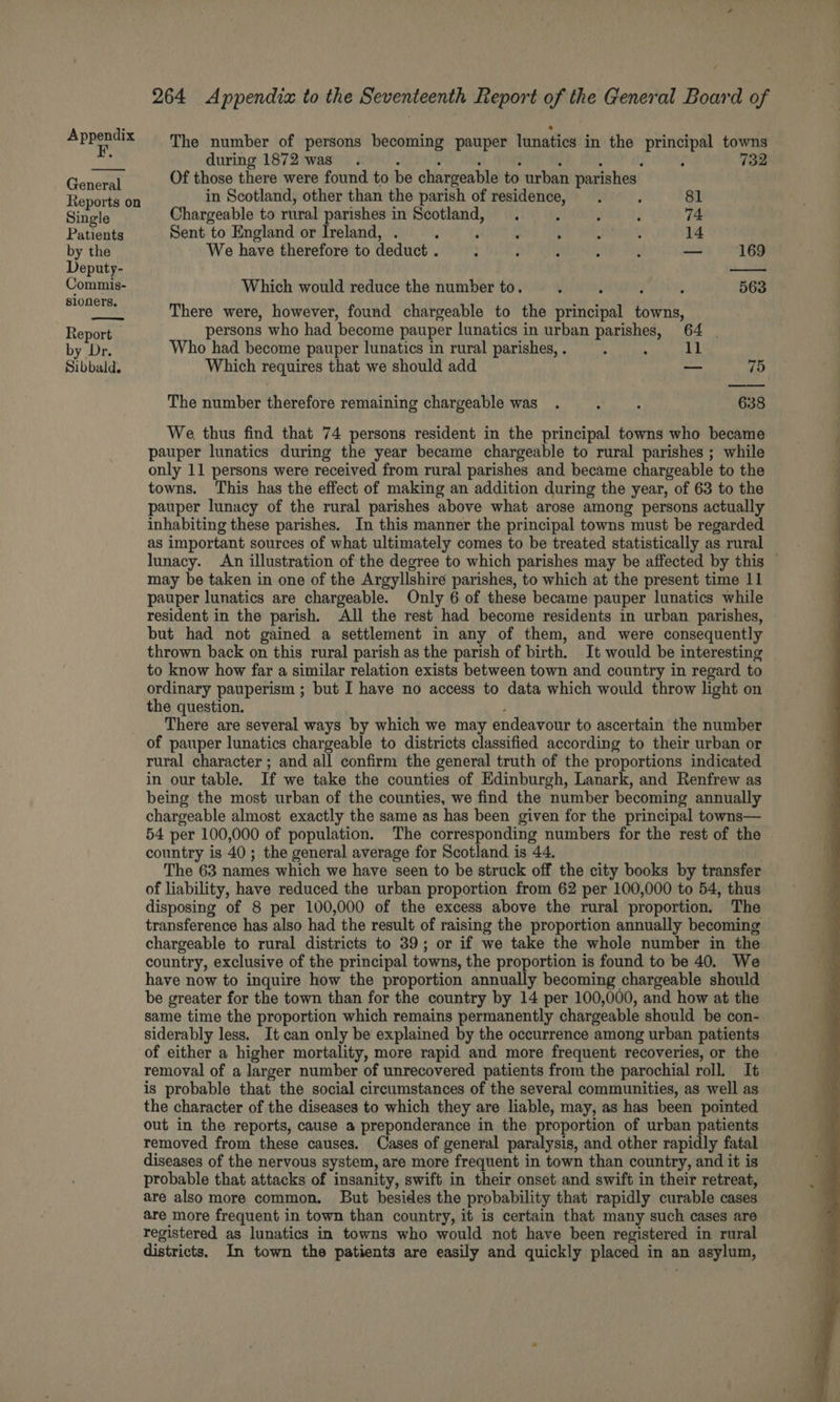 F. General Reports on Single Patients by the Deputy- Commis- sioners. Sibbald. 264 Appendia to the Seventeenth Report of the General Board of The number of persons becoming pauper lunatics in the principal towns during 1872 was. ; : : ; é , ’ i 732 Of those there were found to be chargeable to urban parishes in Scotland, other than the parish of residence, . ; 81 Chargeable to rural parishes in Scotland, . : 5 j 74 Sent to England or Ireland, . : ; ; i reat 14 We have therefore to deduct . : i : ; é — 169 Which would reduce the number to. y : 2 “ 563 There were, however, found chargeable to the principal towns, persons who had become pauper lunatics in urban parishes, 64 | Who had become pauper lunatics in rural parishes, . ‘ 11 Which requires that we should add — 75 The number therefore remaining chargeable was . yee 638 We thus find that 74 persons resident in the principal towns who became pauper lunatics during the year became chargeable to rural parishes ; while only 11 persons were received from rural parishes and became chargeable to the towns. This has the effect of making an addition during the year, of 63 to the pauper lunacy of the rural parishes above what arose among persons actually inhabiting these parishes. In this manner the principal towns must be regarded as important sources of what ultimately comes to be treated statistically as rural lunacy. An illustration of the degree to which parishes may be affected by this — may be taken in one of the Argyllshire parishes, to which at the present time 11 pauper lunatics are chargeable. Only 6 of these became pauper lunatics while resident in the parish. All the rest had become residents in urban parishes, - but had not gained a settlement in any of them, and were consequently thrown back on this rural parish as the parish of birth. It would be interesting to know how far a similar relation exists between town and country in regard to ordinary pauperism ; but I have no access to data which would throw light on the question. , There are several ways by which we may endeavour to ascertain the number of pauper lunatics chargeable to districts classified according to their urban or rural character ; and all confirm the general truth of the proportions indicated in our table. If we take the counties of Edinburgh, Lanark, and Renfrew as being the most urban of the counties, we find the number becoming annually chargeable almost exactly the same as has been given for the principal towns— 54 per 100,000 of population. The corresponding numbers for the rest of the © country is 40; the general average for Scotland is 44. The 63 names which we have seen to be struck off the city books by transfer of liability, have reduced the urban proportion from 62 per 100,000 to 54, thus disposing of 8 per 100,000 of the excess above the rural proportion. The transference has also had the result of raising the proportion annually becoming chargeable to rural districts to 39; or if we take the whole number in the country, exclusive of the principal towns, the proportion is found to be 40. We have now to inquire how the proportion annually becoming chargeable should © be greater for the town than for the country by 14 per 100,000, and how at the same time the proportion which remains permanently chargeable should be con- siderably less. It can only be explained by the occurrence among urban patients of either a higher mortality, more rapid and more frequent recoveries, or the removal of a larger number of unrecovered patients from the parochial roll. It is probable that the social circumstances of the several communities, as well as the character of the diseases to which they are liable, may, as has been pointed out in the reports, cause a preponderance in the proportion of urban patients removed from these causes. Cases of general paralysis, and other rapidly fatal diseases of the nervous system, are more frequent in town than country, and it is probable that attacks of insanity, swift in their onset and swift in their retreat, are also more common. But besides the probability that rapidly curable cases are more frequent in town than country, it is certain that many such cases are registered as lunatics in towns who would not have been registered in rural districts. In town the patients are easily and quickly placed in an asylum,