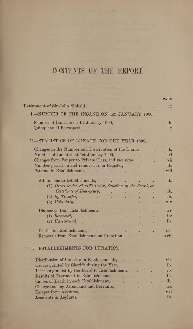 CONTENTS OF THE REPORT. PAGE Retirement of Sir John Sibbald, , ! : ‘ : 1x I—NUMBER OF THE INSANE ON Ist JANUARY 1900. Number of Lunatics on Ist January 1900, ; . : ib. Quinquennial Retrospect, : ; ; : : x II.—_STATISTICS OF LUNACY FOR THE YEAR 1899. Changes in the Number and Distribution of the Insane, : ib. Number of Lunatics at 1st January 1900, ‘ ? ‘ xi Changes from Pauper to Private Class, and vice versa, . ‘ xii Number placed on and removed from Register, : ib. Patients in Establishments, : ‘ ‘ ; 4 xlil Admissions to Establishments, ‘ ib. (1), Direct under Sheriff's Order, Sanction af the ond, or Certificate of Betta es ; : f ib. (2) By Transfer, . é ; : , ib. (3) Voluntary, . : : : ; xiv Discharges from Establishments, 7 Est LAR Nr ; XV (1) Recovered, : ‘ : : : : ib: (2) Unrecovered, . ; ; : ib. Deaths in Establishments, : : : : xvi Removals from Establishments on Probation, : : xvii IIl.—ESTABLISHMENTS FOR LUNATICS. Distribution of Lunatics in Establishments, . ; ; xix Orders granted by Sheriffs during the Year, . : : ib. Licenses granted by the Board to Establishments, ib. Results of Treatment in Establishments, j : ib. Causes of Death in each Establishment, : ; : ib. Changes among Attendants and Servants, XX Escapes from Asylums, ; ; } t i XX1