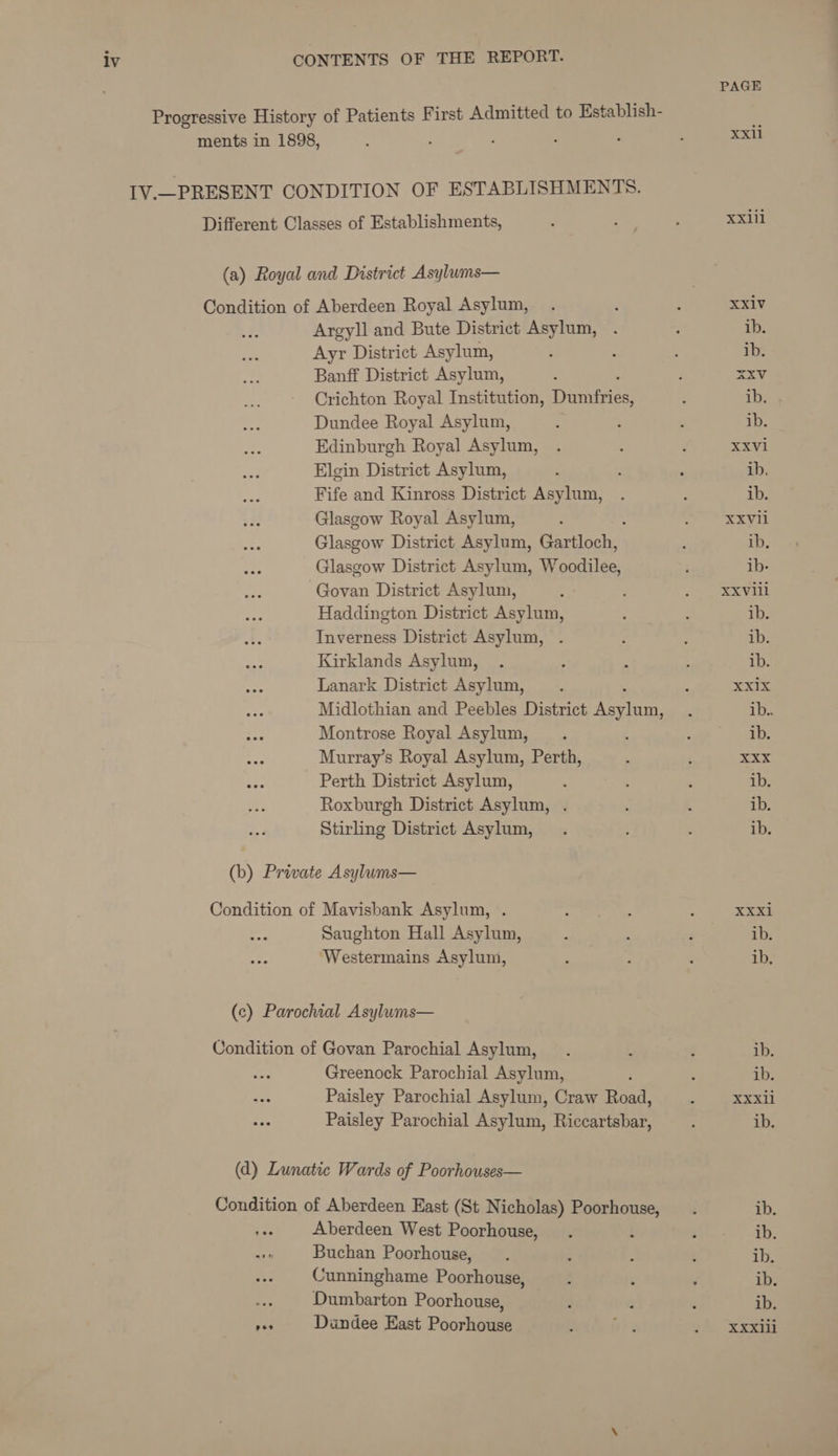 Argyll and Bute District Asylum, Ayr District Asylum, Banff District Asylum, Crichton Royal Institution, Tames Dundee Royal Asylum, Edinburgh Royal Asylum, Elgin District Asylum, Fife and Kinross District Asylum, Glasgow Royal Asylum, Glasgow District Asylum, Shas Glasgow District Asylum, Woodilee, Govan District Asylum, Haddington District Asylum, Inverness District Asylum, Kirklands Asylum, Lanark District Asylum, Midlothian and Peebles District rvs Montrose Royal Asylum, Murray’s Royal Asylum, Perth, Perth District Asylum, Roxburgh District Asylum, Stirling District Asylum, Saughton Hall Asylum, Westermains Asylum, Greenock Parochial Asylum, 2 Paisley Parochial Asylum, Craw Road, Paisley Parochial Asylum, Riccartsbar, Aberdeen West Poorhouse, Buchan Poorhouse, Cunninghame Poorhouse, Dumbarton Poorhouse, Dundee East Poorhouse PAGE xXxll XXxill XXIV ib. ib. ZXV ib. ib. XXv1 ib, ib. XXVil ib. ib- XXVIll ib. ib. ib. XX1x ib.. ib. ye 8 ib. ib. ib. XXxXl1 ib. ib, ib. ib. XXxll ib. ib. ib. ib. ib. ib. XXXIli