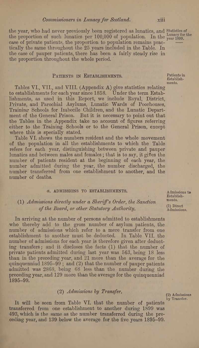 the year, who had never previously been registered as lunatics, and Statistics of the proportion of such lunatics per 100,000 of population. In the Mea, haba case of private patients, the proportion to population remains prac- Fe tically the same throughout the 25 years included in the Table. In the case of pauper patients, there has been a fairly steady rise in the proportion throughout the whole period. ° PATIENTS IN ESTABLISHMENTS. Patients in Kstablish- ments. Tables VI., VII, and VIII. (Appendix A) give statistics relating to establishments for each year since 1858. Under the term Estab- lishments, as used in this Report, we include Royal, District, Private, and Parochial Asylums, Lunatic Wards of Poorhouses, Training Schools for Imbecile Children, and the Lunatic Depart- ment of the General Prison. But it is necessary to point out that the Tables in the Appendix take no account of figures referring elther to the Training Schools or to the General Prison, except where this is specially stated. Table VI. shows the numbers resident and the whole movement of the population in all the establishments to which the Table refers for each year, distinguishing between private and pauper lunatics and between males and females; that is to say, it gives the number of patients resident at the beginning of each year, the number admitted during the year, the number discharged, the number transferred from one establishment to another, and the number of deaths. d. ADMISSIONS TO ESTABLISHMENTS. MR eaeet nee : Establish- (1) Admissions directly under a Sheriff’s Order, the Sanction Gas of the Board, or other Statutory Authority. camer ee: In arriving at the number of persons admitted to establishments who thereby add to the gross number of asylum patients, the number of admissions which refer to a mere transfer from one establishment to another must be deducted. In Table VII. the number of admissions for each year is therefore given after deduct- ing transfers; and it discloses the facts (1) that the number of private patients admitted during last year was 563, being 18 less than in the preceding year, and 21 more than the average for the | quinquenniad 1895-99 ; and (2) that the number of pauper patients admitted was 2868, being 68 less than the number during the preceding year, and 129 more than the average for the quinquenniad 1895-99. (2) Admissions by Transfer. (2) Admissions by Transfer. It will be seen from Table VI. that the number of patients transferred from one establishment to another during 1899 was 493, which is the same as the number transferred during the pre- ceding year, and 139 below the average for the five years 1895-99.