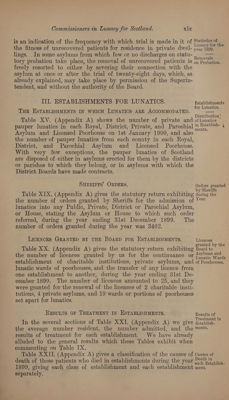 is an indication of the frequency with which trial is made in it of Statistics of ; - “ : Lunacy for the the fitness of unrecovered patients for residence in private dwel- year 1899. lings. In some asylums from which few or no discharges on statu- |, —-~ tory probation take place, the removal of unrecovered patients is on Probat freely resorted to either by severing their connection with the asylum at once or after the trial of twenty-eight days, which, as already explained, may take place by permission of the Superin- tendent, and without the authority of the Board. Probation. Ill. ESTABLISHMENTS FOR LUNATICS. Establishments for Lunatics, THE ESTABLISHMENTS IN WHICH LUNATICS ARE ACCOMMODATED. Distribution * Table XV. (Appendix A) shows the number of private and ofLunatics _ pauper lunatics in each Royal, District, Private, and Parochial meerkc Asylum and Licensed Poorhouse on Ist January 1900, and also the number of pauper lunatics from each county in each Royal, District, and Parochial Asylum and _ Licensed Poorhouse. With very few exceptions, the pauper lunatics of Scotland are disposed of either in asylums erected for them by the districts or parishes to which they belong, or in asylums with which the District Boards have made contracts. SHERIFFS’ ORDERS. Orders granted by Sheriff: Table XIX. (Appendix A) gives the statutory return exhibiting during the the number of orders granted by Sheriffs for the admission of Y® lunatics into any Public, Private, District or Parochial Asylum, or House, stating the Asylum or House to which such order referred, during the year ending 3lst December 1899. The number of orders granted during the year was 3402. LICENCES GRANTED BY THE BOARD FOR ESTABLISHMENTS. Ticcusae 2 : iat 2 granted by the Table XX. (Appendix A) gives the statutory return exhibiting Board to the number of licences granted by us for the continuance or cee establishment of charitable institutions, private asylums, and of Poorhouses, lunatic wards of poorhouses, and the transfer of any licence from one establishment to another, during the year ending 31st De- cember 1899. The number of licences amounted to 25, and they were granted for the renewal of the licences of 2 charitable insti- tutions, 4 private asylums, and 19 wards or portions of poorhouses set apart for lunatics. RESULTS OF TREATMENT IN ESTABLISHMENTS. Results of Treatment in In the several sections of Table XXI. (Appendix A) we give fstablish- the average number resident, the number admitted, and the mente. results of treatment for each establishment. We have already alluded to the general results which these Tables exhibit when commenting on Table IX. Table XXII. (Appendix A) gives a classification of the causes of Causes of death of those patients who died in establishments during the year Neila Be 1899, giving each class of establishment and each establishment ment. separately.