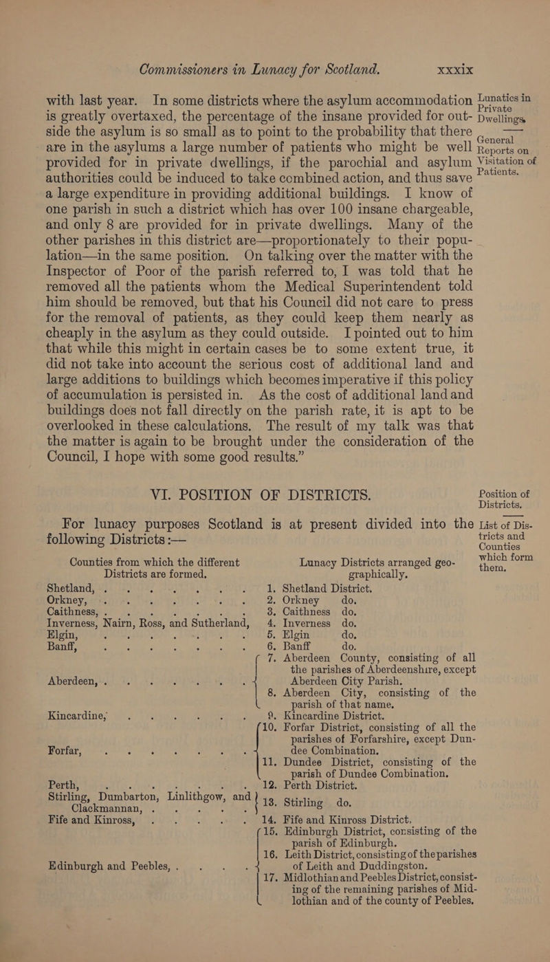 with last year. In some districts where the asylum accommodation Lone a is greatly overtaxed, the percentage of the insane provided for out- Dwollinge side the asylum is so small as to point to the probability that there are in the asylums a large number of patients who might be well Reporiaen provided for in private dwellings, if the parochial and asylum Visitation of authorities could be induced to take combined action, and thus save *** ae a large expenditure in providing additional buildings. I know of one parish in such a district which has over 100 insane chargeable, and only 8 are provided for in private dwellings. Many of the other parishes in this district are—proportionately to their popu- lation—in the same position. On talking over the matter with the Inspector of Poor of the parish referred to, I was told that he removed all the patients whom the Medical Superintendent told him should be removed, but that his Council did not care to press for the removal of patients, as they could keep them nearly as cheaply in the asylum as they could outside. I pointed out to him that while this might in certain cases be to some extent true, it did not take into account the serious cost of additional land and large additions to buildings which becomes imperative if this policy of accumulation is persisted in. As the cost of additional land and buildings does not fall directly on the parish rate, it is apt to be overlooked in these calculations. The result of my talk was that the matter is again to be brought under the consideration of the Council, I hope with some good results.” VI. POSITION OF DISTRICTS. Position of Districts. For lunacy purposes Scotland is at present divided into the List of Dis- following Districts :— ae ss ounties Counties from which the different Lunacy Districts arranged geo- Mats form Districts are formed. graphically. ; Shetland, 1, Shetland District. Orkney, 2. Orkney do. Caithness,. . 3. Caithness do. Inverness, Nairn, Ross, and Sutherland, 4, Inverness do. Elgin, ose A 5. Elgin do. Banff, ; 6. Banff do. 7. Aberdeen County, consisting of all f the parishes of Aberdeenshire, except Aberdeen, . : Aberdeen City Parish. 8. Aberdeen City, consisting of the parish of that name. Kincardine, ; : : : ; : 9. Kincardine District. 10. Forfar District, consisting of all the parishes of Forfarshire, except Dun- Forfar, ale Gg FE dee Combination. 11. Dundee District, consisting of the parish of Dundee Combination. aot, i: sane : 12. Perth District. tirlin Dum arton, inlit ow, an T= Bidebiaeiatn: ae 3. Stirling do. Fife and Kinross, 14, Fife and Kinross District, (15. Edinburgh District, consisting of the parish of Edinburgh. 16. Leith District, consisting of the parishes Edinburgh and Peebles, . 4 of Leith and Duddingston. 17. Midlothian and Peebles District, consist- | ing of the remaining parishes of Mid- L lothian and of the county of Peebles.