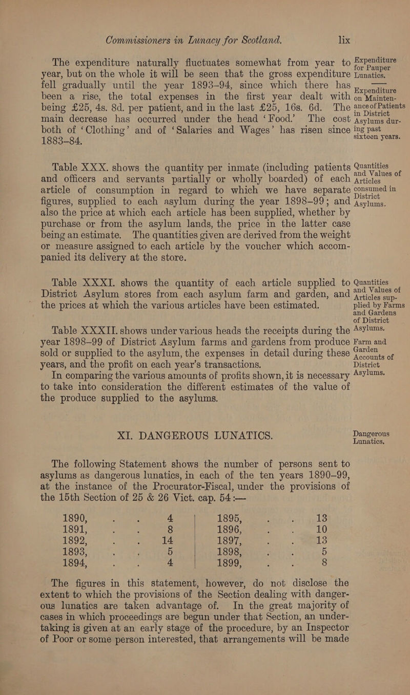 The expenditure naturally fluctuates somewhat from year to Pxpénditure year, but on the whole it will be seen that the gross expenditure Trine fell gradually until the year 1893-94, since which there has, been a rise, the total expenses in the first year dealt with on Baie being £25, 4s. 8d. per patient, and in the last £25, 16s. 6d. The anceo! Fatients main decrease has occurred under the head ‘ Food. The cost Asylem tam both of ‘Clothing’ and of ‘Salaries and Wages’ has risen since ing past 1883-84. sixteen years. Table XXX. shows the quantity per inmate (including patients Quantities and officers and servants partially or wholly boarded) of each Actintoa article of consumption in regard to which we have separate cone figures, supplied to each asylum during the year 1898-99; and reas also the price at which each article has been supplied, whether by purchase or from the asylum lands, the price in the latter case being anestimate. The quantities given are derived from the weight or measure assigned to each article by the voucher which accom- panied its delivery at the store. Table XXXI. shows the quantity of each article supplied to Quantities District Asylum stores from each asylum farm and garden, and yeni the prices at which the various articles have been estimated. plied by Farms and Gardens of District Table XXXII. shows under various heads the receipts during the Asy™s. year 1898-99 of District Asylum farms and gardens from produce Farm and sold or supplied to the asylum, the expenses in detail during these 7@™e,_ years, and the profit on each year’s transactions. District In comparing the various amounts of profits shown, it is necessary 48Y™™s. to take into consideration the different estimates of the value of the produce supplied to the asylums. XI. DANGEROUS LUNATICS. Dangerous Lunatics. The following Statement shows the number of persons sent to asylums as dangerous lunatics, in each of the ten years 1890-99, at the instance of the Procurator-Fiscal, under the provisions of the 15th Section of 25 &amp; 26 Vict. cap. 54:— 1950? ae 4 ee. (er: 1sot-o Oe 8 en a 1999.4 | ore (coe RTS pedotn ee 5 re The 5 meet 8 EN 4 idee 8 The figures in this statement, however, do not disclose the extent to which the provisions of the Section dealing with danger- ous lunatics are taken advantage of. In the great majority of cases in which proceedings are begun under that Section, an under- taking is given at an early stage of the procedure, by an Inspector of Poor or some person interested, that arrangements will be made