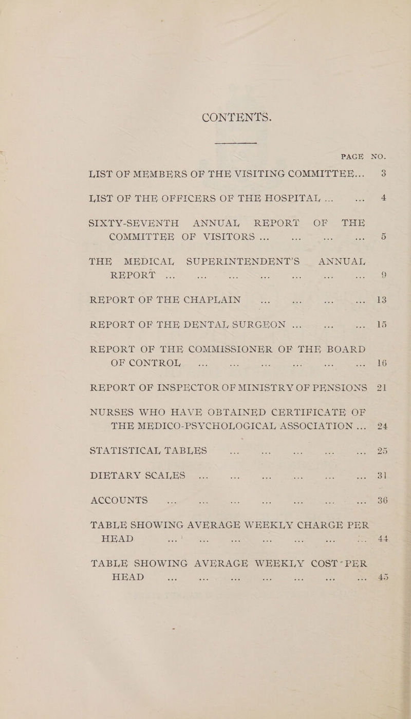 CONTENTS. PAGE NO. LIST OF MEMBERS OF THE VISITING COMMITTEE... 3 LIST OF THE OFFICERS OF THE HOSPITAL... ae wee SEXTY-SEVENTH ANNUAL REPORT -OF* Fig COMMITTEE OF VISITORS ... ie sen ie THE MEDICAL SUPERINTENDENT'S ANNUAL REPORT af oe ee Res <a per REPORT OF THE CHAPLAIN _... rs < SS REPORT OF THE DENTAL SURGEON ... sat eo OS REPORT OF THE COMMISSIONER OF THE BOARD OF CONTROL ee re, aes mi ae 2a EO REPORT OF INSPECTOR OF MINISTRY OF PENSIONS 21 NURSES WHO HAVE OBTAINED CERTIFICATE OF THE MEDICO-PSYCHOLOGICAL ASSOCIATION ... 24 STATISTICAL TABLES ot are Se oes Ste 20 DIETARY SCALES) =. ne 35 an Oss Beg re | ACCOUNTS au) aa a ee sae sci SS eae ae TABLE SHOWING AVERAGE WEEKLY CHARGE PER HEAD ae rier Ste ans I re pets Mee TABLE SHOWING AVERAGE WHEKLY COST’PER