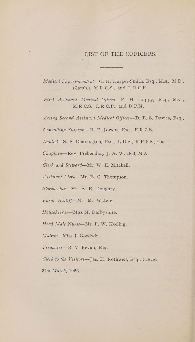 LIST OF THE OFFICERS. ? Medical Supevintendent—G. H. Harper-Smith, Esq., M.A., M.D., (Camp.)> M.R.C.S., dud LRP. First Assistant Medical Officer—F. H. Guppy, a ip MECS NERC Ooh RCP. aad! Dae ar Acting Second Assistant Medical Officer—D. E. $. Davies, Esq., Consulting Surgeon—R. F. Jowers, Esq., F.R.C.S. Dentist—S. F. Glassington, Esq., L.D.S., R.F.P.S., Gas. Chaplain—Rev. Prebendary J. A. < Bell, M.A. an and Stewavd—Mr. W. E. Mitchell. Assistant Clerk—Mr. E. C. Thompson. Storekeeper—Mr. E. E. Doughty. Farm Bailiff—Mr. M. Waterer. Housekeeper—Miss M. Darbyshire. Head Male Nurse—Mr. F. W. Keeling. Mairon—Miss J. Goodwin. Treasuver—-B. Y. Bevan, Esq. Clerk to the Visitors—Jas. H. Rothwell, Esq., C.B.E.