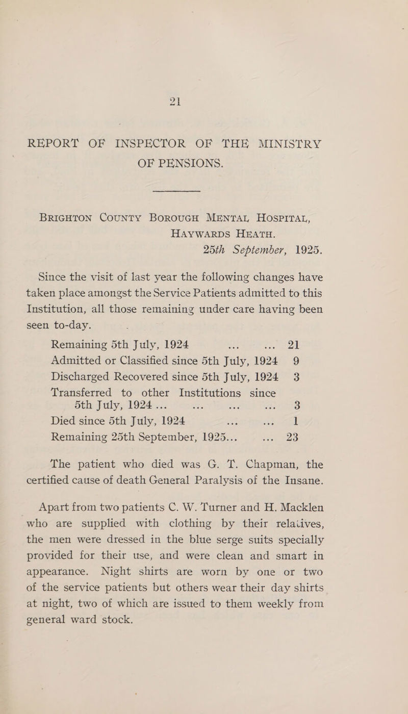 REPORT OF INSPECTOR OF THE MINISTRY OF PENSIONS. BRIGHTON CouNTy BorouGH MENTAL HOSPITAL, HAYWARDS HEATH. 25th September, 1925. Since the visit of last year the following changes have taken place amongst the Service Patients admitted to this Institution, all those remaining under care having been seen to-day. ) Remaining 5th July, 1924 or <a Admitted or Classified since 5th July, 1924 9 Discharged Recovered since 5th July, 1924 3 Transferred to other Institutions since 5th July, 1924... Died since 5th July, 1924 ee) ee esl Remaining 25th September, 1925... ee) ae The patient who died was G. T. Chapman, the certified cause of death General Paralysis of the Insane. Apart from two patients C. W. Turner and H. Macklen who are supplied with clothing by their relatives, the men were dressed in the blue serge suits specially provided for their use, and were clean and smart in appearance. Night shirts are worn by one or two of the service patients but others wear their day shirts at night, two of which are issued to them weekly from general ward stock.