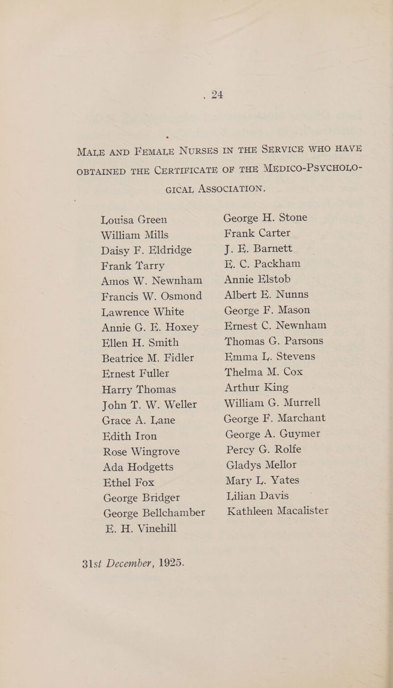 MALE AND FEMALE NURSES IN THE SERVICE WHO HAVE OBTAINED THE CERTIFICATE OF THE MEDICO-PSYCHOLO- GICAL ASSOCIATION. Louisa Green William Mills Daisy F. Eldridge Frank ‘Tarry Amos W. Newnham Francis W. Osmond Lawrence White Annie G. H. Hoxey Ellen H. Smith Beatrice M. Fidler Ernest Fuller Harry Thomas John T. W. Weller Grace A. Lane Edith Iron Rose Wingrove Ada Hodgetts Ethel Fox George Bridger George Bellchamber E. H. Vinehill George H. Stone Frank Carter j. Be Barnett E. C. Packham Annie Elstob Albert E. Nunns George F. Mason Ernest C. Newnham Thomas G. Parsons Emma L. Stevens Thelma M. Cox Arthur King William G. Murrell George F. Marchant George A. Guymer Percy G. Rolfe Gladys Mellor Mary U. Yates Lilian Davis Kathleen Macalister