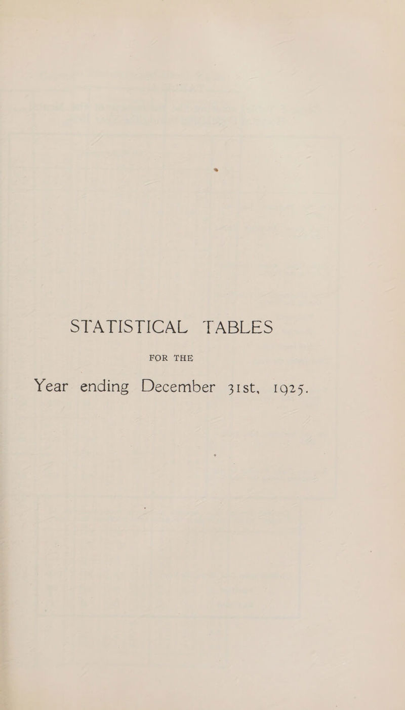 StATISTICAL “TABLES FOR THE Year ending December 31st, 1925.