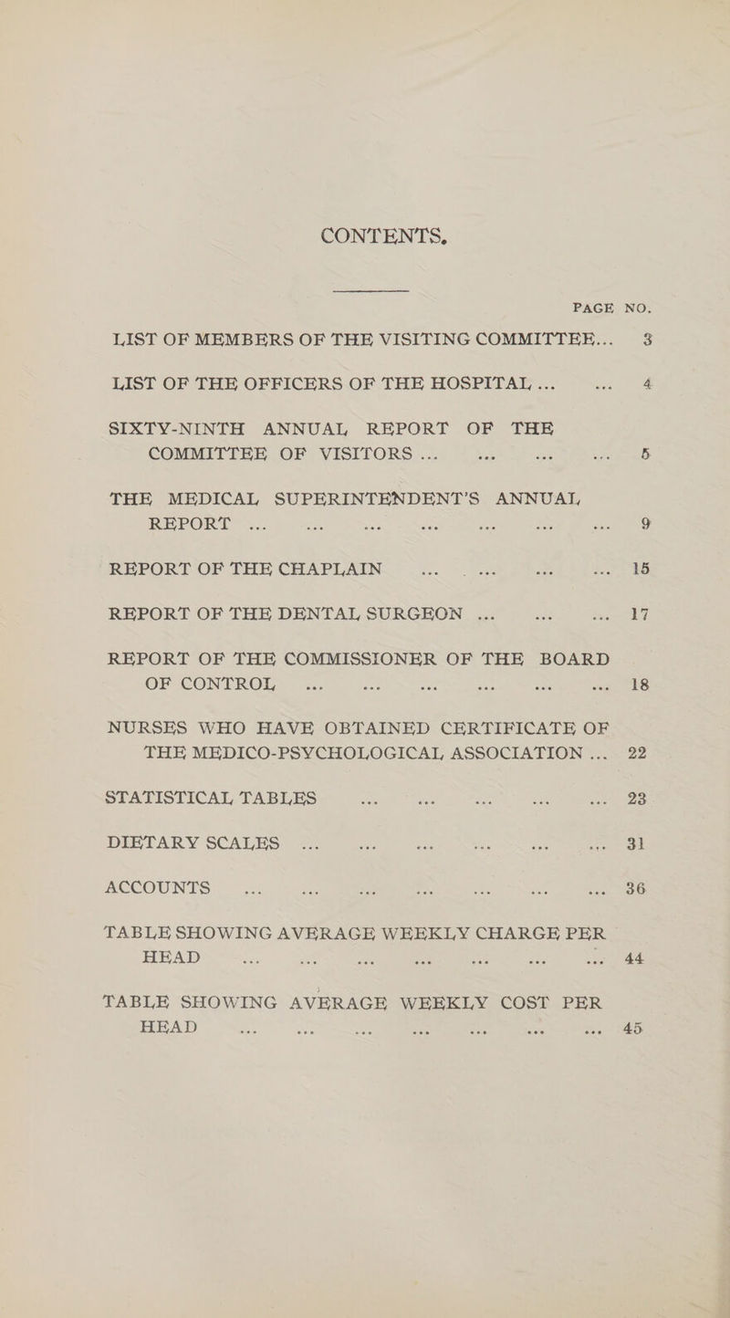 CONTENTS. LIST OF MEMBERS OF THE VISITING COMMITTEE... LIST OF THE OFFICERS OF THE HOSPITAL ... SIXTY-NINTH ANNUAL REPORT OF THE COMMITTEE OF VISITORS ... i THE MEDICAL SUPERINTENDENT’S ANNUAL, REPORT ae REPORT OF THE CHAPLAIN REPORT OF THE DENTAL SURGEON ... REPORT OF THE COMMISSIONER OF THE BOARD OF CONTROL 5 NURSES WHO HAVE OBTAINED CERTIFICATE OF THE MEDICO-PSYCHOLOGICAL ASSOCIATION ... STATISTICAL TABLES DIETARY SCALES ACCOUNTS TABLE SHOWING AVERAGE WEEKLY CHARGE PER | HEAD ate ae TABLE SHOWING AVERAGE WEEKLY COST PER HEAD Ets hes 3 15 18 22 23 31 36 44 45