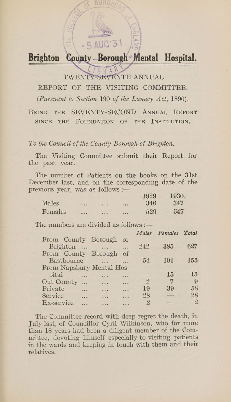 Brighton | “Mental Hospital. REPORT OF THE VISITING COMMITTEE. (Pursuant to Section 190 of the Lunacy Act, 1890), BEING THE SEKVENTY-SECOND ANNUAL REPORT SINCE THE FOUNDATION OF THE INSTITUTION. To the Council of the County Borough of Brighton. The Visiting Committee submit their Report for the past year. The number of Patients on the books on the 31st December last, and on the corresponding date of the previous year, was as follows :— 1929 1930. Males ie ie ais 346 347 Females nee oo a 529 547 The numbers are divided as follows :— Males Females Total From County Borough of Brighton ... 242 385 627 From County Borough of Eastbourne 54 101 155 From Napsbury Mental Hos- pital ne ; — 15 15 Out County’... i Aa 2 i 9 Private af on oer 19 39 58 Service ae ay Eas 28 — 28 Ex-service ... Mh a 2 — 2 The Committee record with deep regret the death, in July last, of Councillor Cyril Wilkinson, who for more than 18 years had been a diligent member of the Com- mittee, devoting himself especially to visiting patients in the wards and keeping in touch with them and their relatives.