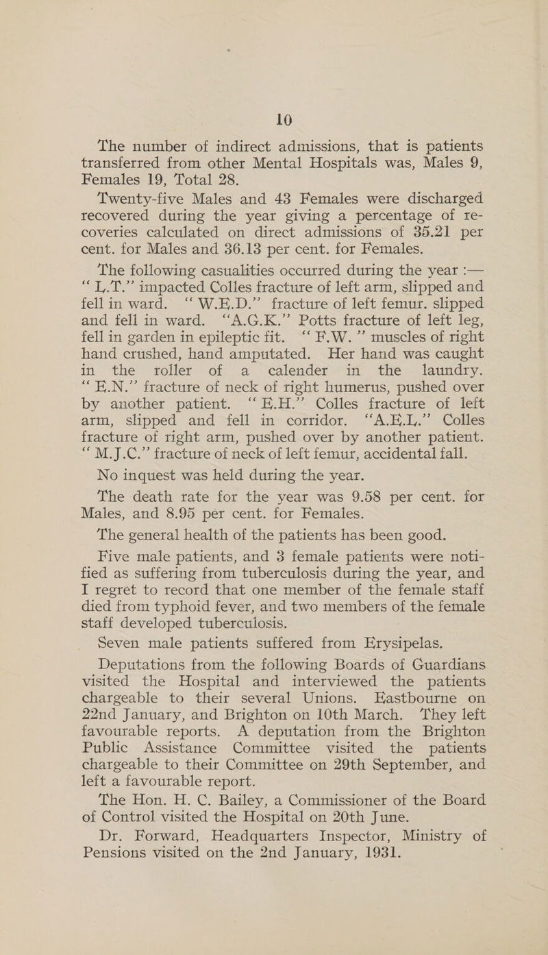 The number of indirect admissions, that is patients transferred from other Mental Hospitals was, Males 9, Females 19, Total 28. Twenty-five Males and 43 Females were discharged recovered during the year giving a percentage of re- coveries calculated on direct admissions of 35.21 per cent. for Males and 36.13 per cent. for Females. The following casualities occurred during the year :— “L.T.” impacted Colles fracture of left arm, slipped and fellin ward. “W.E.D.” fracture of left femur. slipped and fell in ward. “A.G.K.” Potts fracture of left leg, fell in garden in epileptic fit. “‘F.W.”’ muscles of nght hand crushed, hand amputated. Her hand was caught in the roller of a calender in the laundry. “FE.N.” fracture of neck of right humerus, pushed over by another patient. “‘E.H.” Colles fracture of left arm, slipped and fell in corridor. “‘A.E.L.”’ Colles fracture of right arm, pushed over by another patient. “M.J.C.” fracture of neck of left femur, accidental fall. No inquest was held during the year. The death rate for the year was 9.58 per cent. for Males, and 8.95 per cent. for Females. The general health of the patients has been good. Five male patients, and 3 female patients were noti- fied as suffering from tuberculosis during the year, and I regret to record that one member of the female staff died from typhoid fever, and two members of the female staff developed tuberculosis. Seven male patients suffered from Erysipelas. Deputations from the following Boards of Guardians visited the Hospital and interviewed the patients chargeable to their several Unions. Eastbourne on 22nd January, and Brighton on 10th March. ‘They left favourable reports. A deputation from the Brighton Public Assistance Committee visited the patients chargeable to their Committee on 29th September, and left a favourable report. The Hon. H. C. Bailey, a Commissioner of the Board of Control visited the Hospital on 20th June. Dr. Forward, Headquarters Inspector, Ministry of Pensions visited on the 2nd January, 1931.