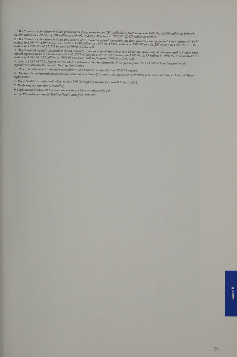 1 HCHS current expenditure includes provision for drugs prescribed by GP fundholders (£628 million in 1 993-94, £1,009 million in 1994-95, £1,296 million in 1995-96, £1,794 million in 1996-97, and £2,270 million in 1 997-98, £2,675 million in 1998-99, 2 HCHS current expenditure includes that element of trust capital expenditure which they fund from their charges to health care purchasers (£674 million in 1993-94, £890 million in 1994-95, £930 million in 1995-96, £1,000 million in 1996-97 and £1,207 million in 1997-98, £1,236 million in 1998-99 and £1,303 in years 1999-00 to 2001-02). : 3 HCHS capital expenditure includes the net expenditure on Secretary of State loans and Public Dividend Capital advances used to finance trust capital expenditure (£333 million in 1993-94, £577 million in 1 994-95, £436 million in 1995-96, £185 million in 1 996-97, an estimated £95 million in 1997-98, £22 million in 1998-99 and £167 million for years 1999-00 to 2001-02). é 4 Prior to 1993-94 MCA figures are included in departmental administration. MCA figures from 1993-94 reflect the reclassification of expenditure following the move to Trading Fund status. 5 GMS and other non-discretionary expenditure not separately identifiable from 2000-01 onwards. 6. The transfer of responsibility for asylum seekers to the Home Office means that figures for 1990-00 will be shown in Class IV Vote 1 of Home Office tables. 7 The expenditure in this table relates to the 1999-00 Supply Estimates for Class IT Votes 1 and 2. 8 Totals may not sum due to rounding. 9 Cash amounts below £0.5 million are not shown but are indicated by a #. 10. NHS Estates converts to Trading Fund status from 1999-00.
