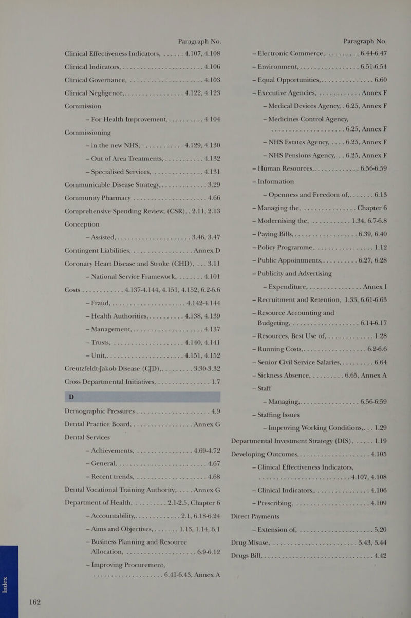 Clinical Effectiveness Indicators, ...... 4.107, 4.108 Clinical Indigators: 7c ts oie ne ra 4.106 Glinical Governance s ia ame sien wee tee 4.103 Clinical Negligence c.g. a. sees 4.122, 4.123 Commission — For Health Improvement,.......... 4.104 Commissioning =n the mew NEL aera 4.129, 4.130 ~ Out of Area ireatmenie,,.-- 2-540. 4.132 = Specialised SETvices, <. aiies ts eunaes 4.131 Communicable Disease Strategy,.............3.29 Community Pharmacy <2) scces.>~ ss5s sae aws 4.66 Comprehensive Spending Review, (CSR),. 2.11, 2.13 Conception = ASSISt@G, 63.5 cle ames see 3.46, 3.47 Contingent Liabilities, 97). 7 dsc. «ss ee Annex D Coronary Heart Disease and Stroke (CHD), ... 3.11 — National Service Framework, ....... 4.101 LO8tS ence 4.137-4.144, 4.151, 4.152, 6.2-6.6 = Fraud Ss tis ek eee ee 4.142-4.144 — Health Authorities,.......... 4.138, 4.139 — Management oi 0aonias sae aan ANST = TTStS if ene Se ee ee 4.140, 4.141 Unit, 22 aise ne ee eee 4.151, 4.152 Creutzfeldt-Jakob Disease (CJD),.........3.30-3.32 Cross Departmental Initiatives,............... hee D Demographic Pressurés\5 5.4.7) 4 at ee eee 4.9 Dental Pracice Board, .paocces tenet ee Annex G Dental Services — Achievements, ...........-..-: 4.69-4.72 = Generay cactuwan meen ae eee 4.67 ROCENUITENOS frais atone ee hone 4.68 Dental Vocational Training Authority,. ... . Annex G Department of Health, ......... 2.1-2.5, Chapter 6 - ACCOUN ADIN Ee 7a tees tos 2.1, 6.18-6.24 ~ Aims and Objectives, 7... ... Loy ela — Business Planning and Resource ALIOCA LOU rs csis ea ctiaey wes Garis Sei Be 6.9-6.12 — Improving Procurement, aie tankena “9 athaieres Mout: ponte ue 6.41-6.43, Annex A Paragraph No. = Klectronic Commerce, ieee 6.44-6.47 > KNVITONMEN tere er ne een 6.51-6.54 — Equal Opportunities, ;,.¢, 160. 710.ees 6.60 — Executive Agencies, . 2571.55 0205 Annex F — Medical Devices Agency, . 6.25, Annex F — Medicines Control Agency, Or ee ee 28 * 6.25, Annex F — NHS Estates Agency, ... . 6.25, Annex F — NHS Pensions Agency, . . 6.25, Annex F = Human Resources,” i055 4.-:060 6.56-6.59 — Information — Openness and Freedom of,....... 6.13 — Managing the; .. «tx. <paiiel Chapter 6 - Modernising the;...)t5.4 ase 1.34, 6.7-6.8 = Paying Bills, 5 cc aie ee ee ee 6.39, 6.40 — Policy Programme,.; 3. <= = aes 1.12 — Public Appointments,.......... 6.27, 6.28 — Publicity and Advertising — Expenditure, :....4es50sseuee Annex I — Recruitment and Retention, 1.33, 6.61-6.63 — Resource Accounting and Budgeting cic st eee 6.14-6.17 — Resources, Best Use of, ............. 1.28 ~ Ruming Costs, . 04.00 0s anoaeee 6.2-6.6 — Senior Civil Service Salaries,......... 6.64 — Sickness Absence, ......... 6.65, Annex A — Staff ~ Managing). 25.50 .agiae «ieee 6.56-6.59 - Staffing Issues — Improving Working Conditions,. . . 1.29 Departmental Investment Strategy (DIS), ..... 1.19 Developing Outcomes, . <.... <5 san pe cee 4.105 — Clinical Effectiveness Indicators, i ae ROS Ue oe aoe eee 4.107, 4.108 — Clinical Indieators,: ..c, a0; oe wean 4.106 — Prescribing, aces onl oe ce wane 4.109 Direct Payments = EX(ensions, Of)i..2 ae shee ene 5.20 Dri Misuse 1.0cniakt eee ae Oe 3.43, 3.44