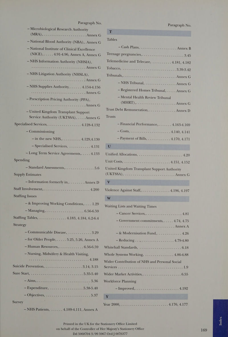~ Microbiological Research Authority G04 ie Skee gs aly ee Annex G — National Blood Authority (NBA),. Annex G — National Institute of Clinical Excellence NICH) oc 4.91-4.96, Annex A, Annex G — NHS Information Authority (NHSIA), retin ie A Sa an 5,0 Sey use ss Annex G — NHS Litigation Authority (NHSLA), 3005.6 G10 Occasion ae | Annex G — NHS Supplies Authority, ...... 4.154-4.156 So GG Sigh, ho cas. e Oa Ona Annex G — United Kingdom Transplant Support Service Authority (UKTSSA), .... Annex G DremIMUISCH SETVICES, 00... bc eee aes 4.128-4.132 — Commissioning —in the new NHS,.......... 4.129,4.130 — Specialised Services, ........... 4.131 — Long Term Service Agreements,..... 4.133 Spending = ptandard Assessments,,.............. 5.6 Supply Estimates - Information formerly in,........ Annex D emrIOIVOINETIE 4 cos cx cans cadsccesdsuce 4.200 Staffing Issues — &amp; Improving Working Conditions,... . 1.29 EES Uo a 6.56-6.59 Grate Lanes, eee wt 4.183, 4.184, 6.2-6.4 Strategy — Communicable Disease, ............ 3.29 =for Older People, ...; 5.25, 5.26, Annex A ~Fiuman Resources,..........5.- 6.56-6.59 — Nursing, Midwifery &amp; Health Visiting, ee Mey ss Fie a 8-4 x voles 83 4.188 PUNICILG PPEVECDTION Gc cav sss cas vesesas 3.14, 3.15 UNCER Be Gs 5.35-5.40 eee TNS MEE Ye Pins 4 ela’ Baws hes 900k 5.36 Per PUES od ae ae md a acs 5.38-5.40 SU OS gle ae 5.37 Survey — NHS Patients, ...... 4.109-4.111, Annex A Paragraph No. a Tables eho DIAGS eine ee Py he 2 Annex B Teenage pregnancies, . 6. ...65.<seescacen. 3.45 Telemedicine and Telecare, .......... 4.181, 4.182 BOM AAL Cetera tty 2c hc eek 3.39-3.42 RAT AIS ELIE atte yy. dep 2 do 8 ad a2 a 0s. Annex G elite be Bylo Nhe e | ed een an Annex G — Registered Homes Tribunal,.... . Annex G — Mental Health Review Tribunal PLL ge ree ee ed Annex G Trust Debt Remuneration,.............. Annex D Trusts — Financial Performance,....... 4.163-4.169 PMID Pil 6 ith a he Sig oe) 4.140, 4.141 po Remy erit OE ESS coe ea e's Vo 4.170, 4.171 U Pamvened WEAR ONS, 5 5G 5 bas cx co euie bes c 4.20 AE Ea ai on ee ee A ie CS ar 4.151, 4.152 United Kingdom Transplant Support Authority AIDS CAST KORE ECR GON ESR, an cap a ee a Annex G Vv WHORETICE DAIS Stale cence ay sxe s 4.196, 4.197 WwW Waiting Lists and Waiting Times a GANUOT GEEVICER, 42a ode avn ce eed os 4.81 — Government commitments,..... 4.74, 4.75 CRON ae eer se Ase rSas leak ae eve Annex A — &amp; Modernisation Fund,............. 4.26 Pe ACCUM fe eag ey he's fe Bale en Beka 4.79-4.80 WVRUP rant OTANI ARO Ge yt deine keves Ao oes o Gad 6.18 Whole Systems Working, <)ica-s.0-56. esas 4.86-4.88 Wider Contribution of NHS and Personal Social CC WNC ER ce Wen co oy oc ahi alan Eas Sea Lg WidermMarket Activitiesseeicmer: cetaaee race 6.55 Workforce Planning Be EDR COVERL nde tated iu Western fa. ae eke he 4.192 a4 BVT UN rai tir onc veke Gohan eho) ese abu e's Rag 4.176, 4.177