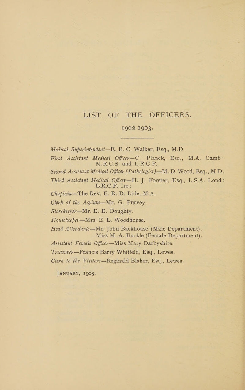 Cisi..OFf ._JHE. OF PICE RS: 1902-1903. Medical Superintendent—E. B. C. Walker, Esq., M.D. First Assistant Medical Officer—C. Planck, Esq., M.A. Camb: M.RC-S: and P. Second Assistant Medical Officer (Pathologist) —M.D.Wood, Esq., M.D. Third Assistant Medical Officer—H. J. Forster, Esq., L.S.A. Lond: LiReC.P. ire: Chaplain—The Rev. E. R. D. Litle, M.A. Clerk of the Asylum—Mr. G. Purvey. Stovekeeper—Mr. E. E. Doughty. Housekeeper—Mrs. E. L. Woodhouse. Head Attendants—Mr. John Backhouse (Male Department). Miss M. A. Buckle (Female Department). Assistant Female Officer—Miss Mary Darbyshire. Tveasuvey—Francis Barry Whitfeld, Esq., Lewes. Clerk to the Visttovs—Reginald Blaker, Esq., Lewes.