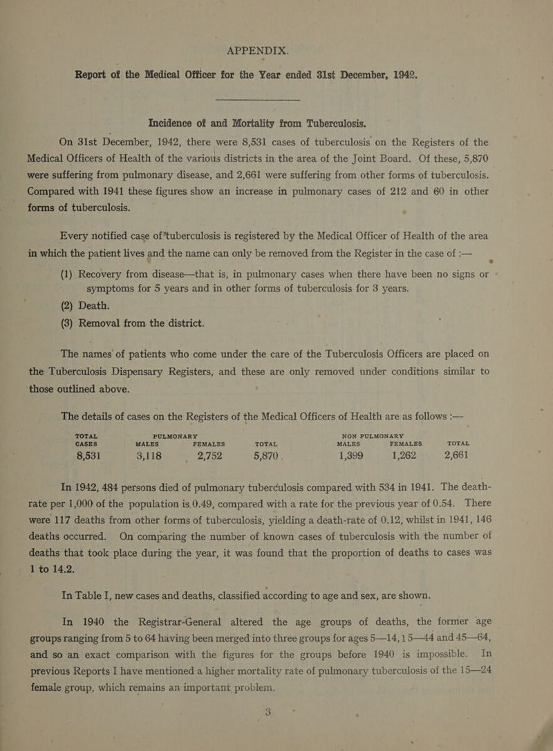 APPENDIX. Report of the Medical Officer for the Year ended 31st December, 1942. Incidence of and Mortality from Tuberculosis. On 3lst December, 1942, there were 8,531 cases of tuberculosis on the Registers of the Medical Officers of Health of the various districts in the area of the Joint Board. Of these, 5,870 were suffering from pulmonary disease, and 2,661 were suffering from other forms of tuberculosis. Compared with 1941 these figures show an increase in pulmonary cases of 212 and 60 in other forms of tuberculosis. & Every notified case oftuberculosis is registered by the. Medical Officer of Health of the area in which the patient lives and the name can only be removed from the Register in the case of :— 2 (1) Recovery from disease—that is, in pulmonary cases when there have been no signs or symptoms for 5 years and in other forms of tuberculosis for 3 years. (2) Death. (3) Removal from. the district. The names of patients who come under the care of the Tuberculosis Officers are placed on the Tuberculosis Dispensary Registers, and these are only removed under conditions similar to those outlined above. The details of cases on the Registers of the Medical Officers of Health are as follows :— TOTAL PULMONARY NON PULMONARY CASES MALES FEMALES TOTAL MALES FEMALES TOTAL 8,531 3,118 _ 2,752 5,870 . 1,399 1,262 2,661 In 1942, 484 persons died of pulmonary tuberculosis compared with 534 in 1941. The death- rate per 1,000 of the population is.0.49, compared with a rate for the previous year of 0.54. There were 117 deaths from other forms of tuberculosis, yielding a death-rate of 0.12, whilst in 1941, 146 deaths occurred. On comparing the number of known cases of tuberculosis with the number of deaths that took place during the year, it was found that the proportion of deaths to cases was 1 to 14.2. In Table I, new cases and deaths, classified according to age and sex, are shown. In 1940 the Registrar-General altered the age groups of deaths, the former age groups ranging from 5 to 64 having been merged into three groups for ages 5—14, 15—44 and 45—64, and so an exact comparison with the figures for the groups before 1940 is impossible. In previous Reports I have mentioned a higher mortality rate of pulmonary tuberculosis of the 15—24 female group, which remains an important, problem.
