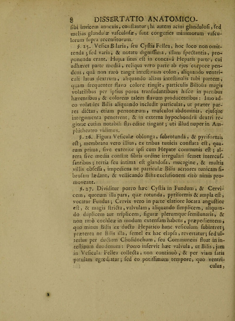 fibi invicem annexis, conflantur; hi autem acini glandulofi > fed melius glandula? vafculofa?, funt congeries minimorum vafcu- lorum fupra recenfltorum. 25. VeficaB laria > feu Cyftis Fellea , hoc loco non omit¬ tenda ; fed varia i &amp; notatu digniflima, illam fpe&amp;antia, pro-» ponenda erant. Hujus litus eft in concava Hepatis parte, cui adha?ret parte media, reliqua vero parte ab ejus corpore pen¬ dens, qua non raro tangit inteftmum colon, aliquando ventri- culi lacus dextrum, aliquando aliam inteftinalis tubi partem, quam frequenter flavo colore tingit, particulis Biliolis magis volatilibus per i piius poros tranfudantibust hifce in partibus horrentibus, &amp; colorem talem flavum producentibus: Imo ad¬ eo volatiles Bilis aliquando includit particulas, ut praeter par¬ tes didtas, etiam peritoneum, mufculos abdominis, ejufque integumenta penetrent, &amp; in externa hypochondrii dextri re- gione cutim notabili flavedine tingant; uti illud nuper in Am¬ phitheatro vidimus, $. 16. Figura Veficulae oblonga, fubrotunda, &amp; pyriformis efl; membrana vero illius, ex tribus tunicis conflata eft, qua¬ rum prima, five exterior ipfi cum Hepate communis eft ; al¬ tera fi ve media conflat fibris ordine irregulari femet intercuf- fantibus; tertia feu intima eft glandofa, mucagine, &amp; multis villis cbfefla, impediens ne particula Bilis acriores tunicam fi- brofam ludant, &amp; vellicando Bilis exclufionem cito nimis pro- moveant. $. 27. Dividitur porro ha?c Cyftis in Fundum , &amp; Cervi¬ cem, quorum illa pars, qux* rotunda, pyriformis &amp; ampla eft, vocatur Fundus; Cervix vero in parte elatiore locata anguftior eft, &amp; magis flridta, valvulam, aliquando fimplicem, aliquan¬ do duplicem aut triplicem, figura? plerumquefemiiunaris, &amp; non raro cochlear in modum extenfam habens, praepedientem, quo minus Bilis ex dutftu Hepatico hanc veficulam fubintret; pra?terea ne Bilis illa, femel ex hac elapfa , revertatur; fed'ul¬ terius per cu&amp;um Cholidochum , feu Communem fluat in in- teftinum duodenum: Porro infervit haec valvula, ut Bilis, jam in Veficula Fellea coiletfta, non continuo, &amp; per viam fatis patulam egrediatur; fed eo potiflimum tempore, quo ventri- 1 culus,