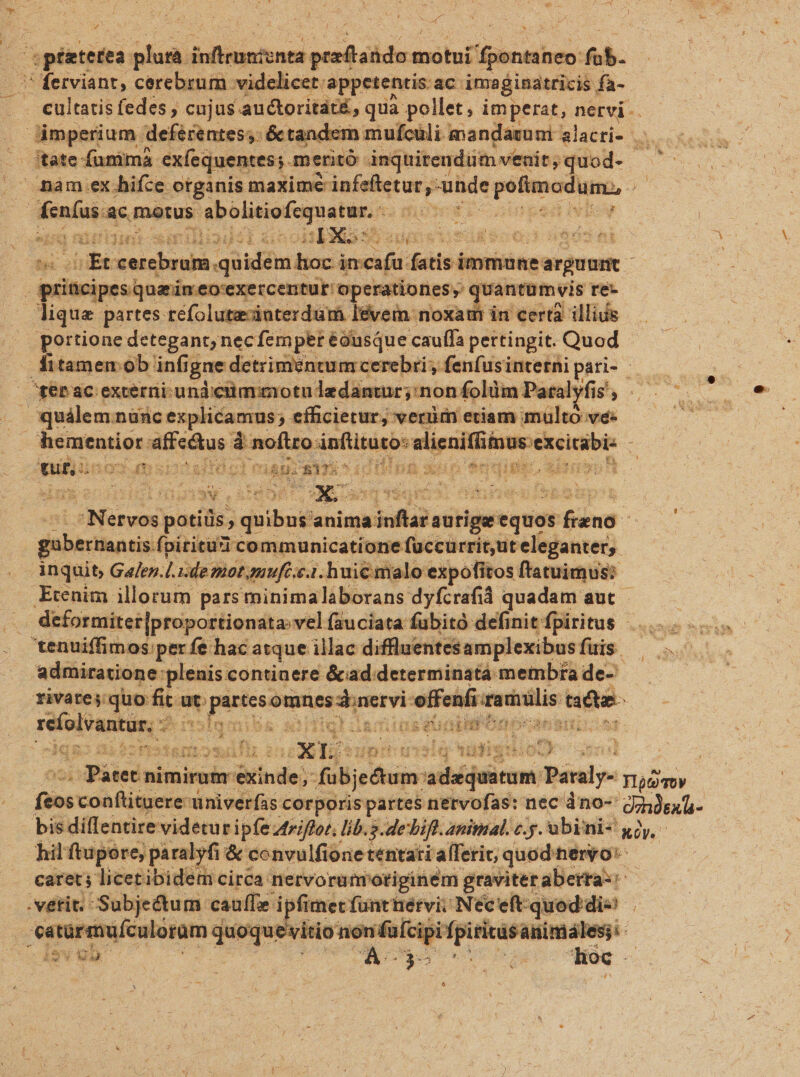 l s) A 4 z lieri plata. subitam geo ids mui fgentaheo: fob /' ferviant, cerebrum videlicet: appetentis:ac imaginatricis fa- — . eultatis fedes ; cujus. 'auctoritáté, quà pollet, imperat, nervi. imperium deférentess: &amp;tandem mufcüli mandawuni alacri- tate funimàa exíequentes;.meritó inquitendümveuit;quod. - . nam ex.hifce. otganis maxime infeftetar , unde vibestescr mill $ ms acmotus Db linda matins tà moe id view aL f lis i15 usd&amp;ecod addet «Et serta quidem boc i ii dutioi immune arguunt : principes quein eo exercentur operationes, quantumvis ree lique partes refolute-interdum levem noxam in certa illide portione detegant; necfempet éousQue cauffa pertingit. Quod - fitamen ob infi; igne: detrimentum cerebri; fenfus interni pari-- fer ac externi-undctimimotn: ledantar; non folüm Patalvfi TE e quálem. nünc explicamus; ; eíficietur, veriüm etiam mülto ve- hementior affectus à noftto inflituto: alieniffiius-excirabi- ; urn ino m i12 tutdol dn uns BH ii idilinn bxin ko UPE BERI Mme potiüs. , dsibue anima inftar auriga. equos fina - Nrrei em fpititüi communicatione fuccurrit;ut eleganter. inquit, Ga/en. 4 Lde mot muft:c.. huicmalo expofitos flatuimus: Etenim illorum parsminimalaborans dyfcrafid quadam auc - deformiter|proportionata:vel fauciata fubitó definit fpiritus |... tenuiffimos/per fe hac atque illac. diffluentesamplexibus fuis. nj 2 js admiratione: plenis. continere &amp;ad determinata membra de- rivates quo fit ut: nen ite offenfi zarülis nde | MODI * resjimm : : MEE » Das d iG et» ET 1 ees i Hg o. | osi i Bidedninibde: itinde; fübje&amp;tum vihéddicim: Páraly- Tlgov je Bad procu univerfas corporis partes nervofas: nec dno- drhàeua- bis diffentire videtur ipfe ziffor. lib. s-debift. anipal. c.g. abinis yd, - hil ftupore, paralyfi &amp; convulfionetentati a(ferit, quodheryo: caret; licet ibidem circa nervorunrotiginem graviter aberta: -vetit. Subjectum cauffe: ipfi imer füntüérvi. Néceft.quod dis rm iículoram quoqu evitio nonfufcipi fpiiasatimalen Va A3 doc. ^