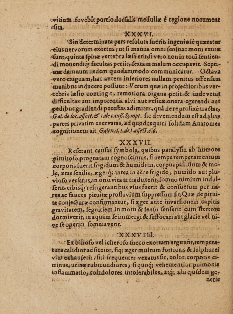 - : 35 i sfunp quinta fpinz vertebra lea erit;fi vero non in totü fentien- 4di mouendiq: facultas periit, fextam malum occupavit. Septi- ue damnum iisdem quodammodo communicatur... Octava ero exiguam;hac autem inferiores nullam. penitus offenfam. «manibus inducere poffunt :.V erum quz in projeCtioribus ver- »tebris lefio contingit; remotiora. organa petit:&amp; indevenit difficultas aut impotentia alvi. autvwefica.onera-egerendi aut. ;gedibusgradiendi poteftas adimitur, quá dere prolixé tractat, . partes privatim enervatas, ad quad tequiri folidam Anatomes atogaitionem ait. Gelenc Ldelafefiel —.00000 0 0000000 dua imr a DEINDE .,- Referant caufas fymbola, quibus parályfin ab humore. &amp;orporis fuerit frig idum. &amp; humidum, co rpus pallidum &amp; mo- ' viofo ver(atns;in otio vitamtraduxerir,fomno nimium indul- 5 -. à; ^ ED PLA ee ED VITSE c i PRAE LPS 1342041 — ov ta conje&amp;ture confismantur, fi uoc onem capitis gravitatem, fegnitiem in motu &amp; fenfu fenferit: cum ftertore- gormiverit, inaquam feimmergi &amp; fuffocari aut glácie vel ni- 4 - *« Ex biliofo vel icherofo. fucco exortamarguunt,tempera« vini exhauferit ;fiti- frequenter vexatus fit, color.corporis ci- :o8 neris |