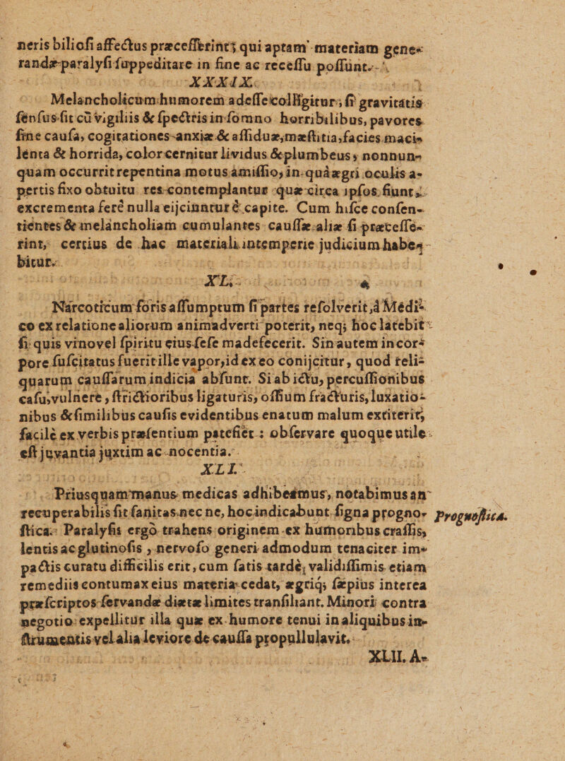 rande paralyfi duppelisaeea in fine ac receffu. poifónts] hs AXXd. s eng ; Melancholicümhnmorem adeffecolligitur: D 6 ? gravitátis- ^ ens sfitcü ü vigiliis &amp; fpecttisimfomno herribilibus, pavores. fine caufa; cogitationes-anxie &amp; affiduemaflitia;facies macie lénta &amp; horrida, colorcernitar lividus &amp;plumbeuss nonnun- quam occurritrepentina. motusamiffio, in-qnàzgri oculis a- pertis fixo obtuitu. res. contemplantur. qua xirca 1pfos.fiunt excrementa fere nullaeijcinnturé capite. Cum hifce confen- tiéntes &amp; nelancholiam cumulantes- cauífz.alie fi preceffe-- fint, certius de hae. Matias Mesi dario aine n» bicur-. e £u i GITILIRU satz OITOHSS P e e Mücotfcast E T NEMPE f partes iétilvedi: 1 Medi: co ex relatione aliorum animadverti poterit, neq; hoc latebit - t - frquis vinovel fpiritu ciusfefe madefecerit. Sinautem incors | pore füfcitatusi fueritille vaporjid €x eo conijcitur, quod £eli- quarum cauffarum indicia abfunr. Siab ictu, percuffionibus : cafu; vulnere , ; ftrictioribus ligaturis, offium fracturis, luxatioz . nibus &amp;fimilibus caufis evidentibus enatum malum extiterit; . facile ex: verbis praíentium pstefiéc : obíervare quoque nie. . eftj jontió juxtim: ac-nocentia.. - : X. LE ; Biusqnemmeaus medicas adiibedtus,, FU Gerd im mou fit fanitas nec ne, hocindicabunt f; gnaprogno- | fica. Paralyfis ergó trahens originem ex hurnoribus craífis, lentis acglutinofis ,.netvofo generi admodum tenaciter im« pactis curatu difficilis erit, cum fatis tardé, validiffimis. etiam. remediiscontumax eius materia:cedat, zgriq; fzpius interea pixícriptosfervande dieta limites tranfiliant. Minori contra negotio: expellitur illa qui ex humore tenui. p t qus im- rumen isekkinjesiota disauls igeepnllnberite sem - Progwojlia.