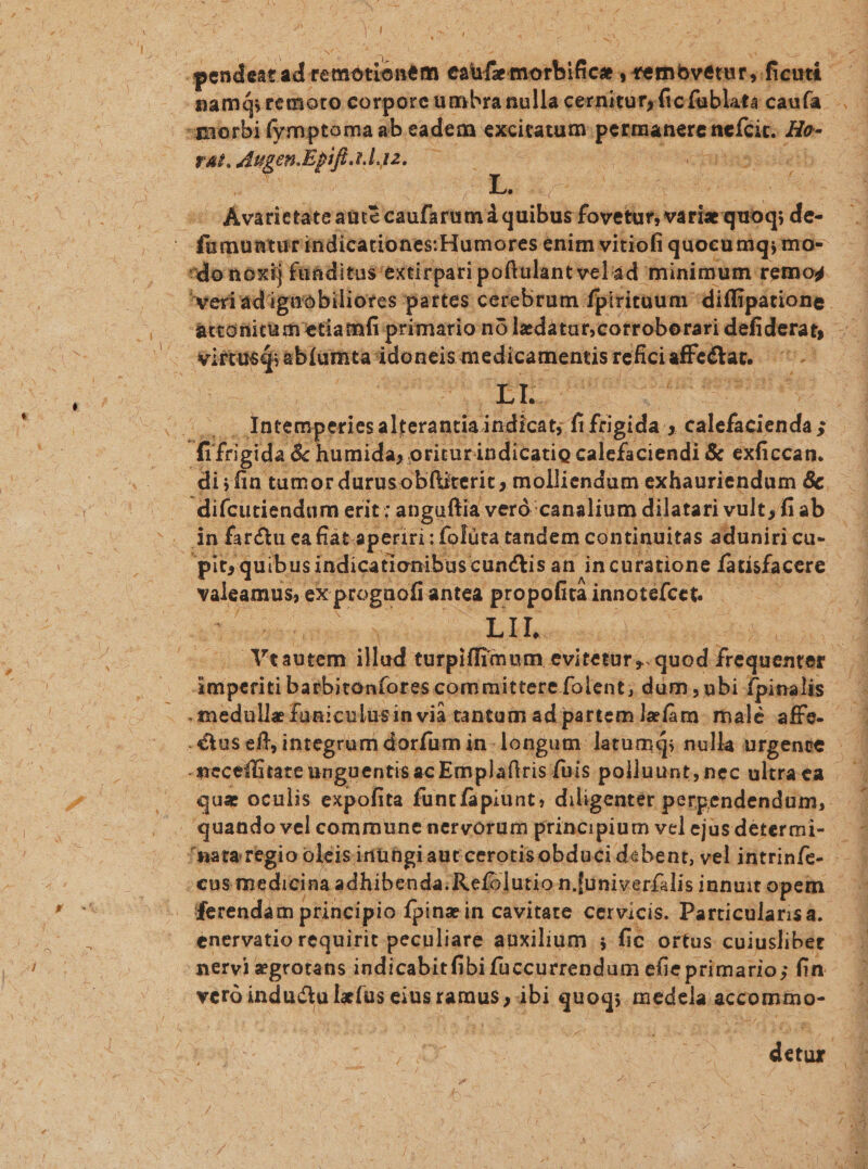 1-4 P PR 4 * 2S pendent ad remotionem RXPSEVBPUPUNUUUNMS SES find —— namQs remoto corpore umbra nulla cernitur, fic fublata caufa . : morbi f(ymptoma ab. eadem excitatum: piae — Ho- E TAL, ab dn Bp LUE 7 FE | (Canis N T iol vatietite aute Sesuforumi quibubfoteiun variz ruepip de- 5 fi munturindicationes:Humores enim vitiofi quocu niq;mo- *donoxij futditus'extirpari poftulantvelád minimum remo4 veri adiguobiliores: partes cerebrum. fpirituum diffi ipatione. /, dhtoüirumetiamfi primario nó ledatur,cotroborari defidersts ' P virtusq ablamta idoneis pem come refici affectat. ditto. 689 Ys Pw Er ia-abiB: WolIN, uat .., Intemperies sica ian fi f igide  calefacienda $ T fri gida &amp; humida, oriturindicatio calefaciendi &amp; exficcan. di;fin tamor durusobftiterit ; molliendum exhauriendum &amp;. difcutiendum erit: aD guftia veró'canalium dilatari vult, fi ab in farctu ea fiat. aperiri: : folüta tandem continuitas aduniri cu- pit 'quibi us indicationibus cunctis an incuratione Hifaeue valeamus, ex progaofi lantea propofita innotefcet. : ndum idus Leldan | TRA ieteheucar illad turpiffimum evitetur;. quod bise e detpatiti batbitonfores committere folent; dum , ubi. fpinalis — . medulla faniculusin vià tantam ad partem lefar. malé affe. . -&amp;tus eff; integrum dorfum in-longum latumq; nulla urgence — — -neceffitare unguentisac Emplaflris fuis polluunt,nec ultraea - qua oculis expofita funt fapiunt, diligenter pergendendum,. | quando vel commune nervorum principium velejusdétermi- — - 'nata regio oléisinühgiautcerotisobduci debent, vel intrinfe- — | ; cus medicina adhibenda. Refolutio n.[üniverfilisimnuitopem — — ferendam principio Ípine in cavitate cervicis. Particularisa. enervatio requirit peculiare anxilium 5 fic ortus cuiuslibet — nervi egrotans indicabitfibi fuccurrendum efieprimario; fin — | vetó inducta Iba cius fairs ibi quoq; medelais accommo- E »- detüó M :