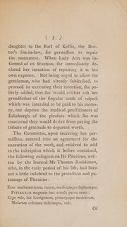 Account of the reparation of Dr. Pitcairne's monument in the Grayfriars Churchyard at Edinburgh, with a list of medical practitioners residing in Edinburgh, who agreed to pay each an equal share of the expence of that reparation. December 25 1800.