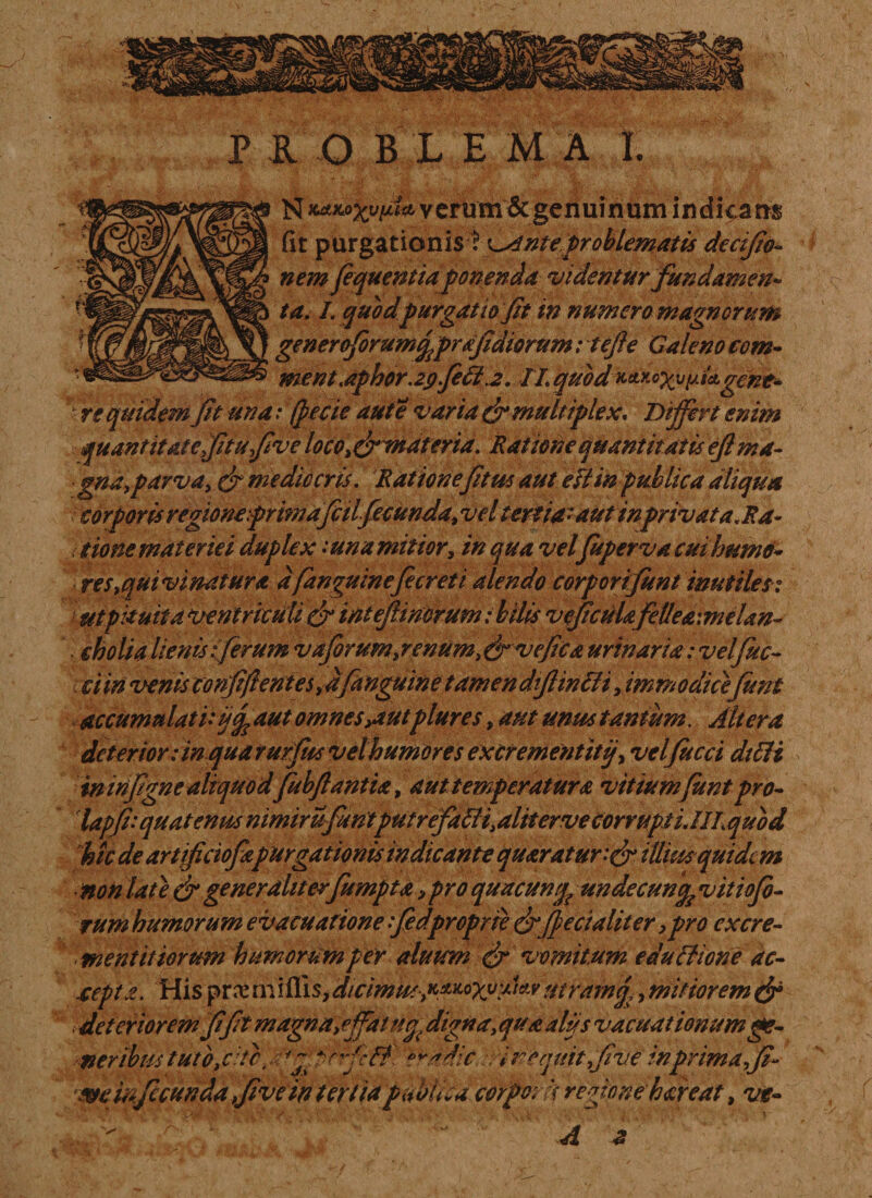 N mmoxvim* verum & genuinum indicam fit purgationis \ \^dnte,problematis dccijio- nem fequentia ponenda videntur fundamen* ta. I. quodpurgatio fit in numero magnorum generoforumfaprafidiorum; tefie Galeno com* ment.aphor.29fi662. IL quod kmqXfingent- ‘ re quidem fit una * (pecte aut e varia & multiplex* differt enim quantitate fitufive loco,& materia. Ratione quantitatis eft ma- gna,parva, & mediocris. Rationefitus aut eflinpublica aliqua corporis rcgioneprwiafci Ifecunda, vel tertia'aut inprivat a .Ra¬ tione materiei duplexmna mitior, in qua vel fuper vacuihumd- res,quivinatura d/anguinefieret i alendo corpori fiunt mutilet: ut pituita ventriculi & inteJUmrum: bilis veficuUfellea: melan- . cholia lienis: ferum vafiorum, renum, &vefica urinaria: velfiuc- ciin venis confiflentes,dfanguine tamen dtjlinffi, immodici funt accumulati:^ aut omnes>autplures, aut unus tantum. Altera deterior: in qua rurfies velhumores ex erem entitij, velfucci di 61 i ininfigne aliquodfubftantia, aut temperatur a vitium funt pro- 'lapfi' quatenus mmirufm tputrefa6H> alit er ve corrupti. //L quo d hic de artificiofapurgationis indicante quaratur:& illuisquidi m non late & generaliter fumpta, pro quacuntL undecunfc vitiofb- tum humorum evacuatione fidproprie &jfecialiter, pro excre- ■ mentitiorum humorum per alnum & vomitum edu tfione ac- xepta. His p r x* ni illis, dicimus, KMoyyn ia v tn ramf, mitiorem & • deteriorem fi fit magna, effiat digna, qua aliis vacuat ionum ge¬ neribus tuto,dtp i~firrfi&'. eradic : ir equit,five inprimaffi- we infecunda Kfivein tertia publica corporis refovebar eat, ve- A e
