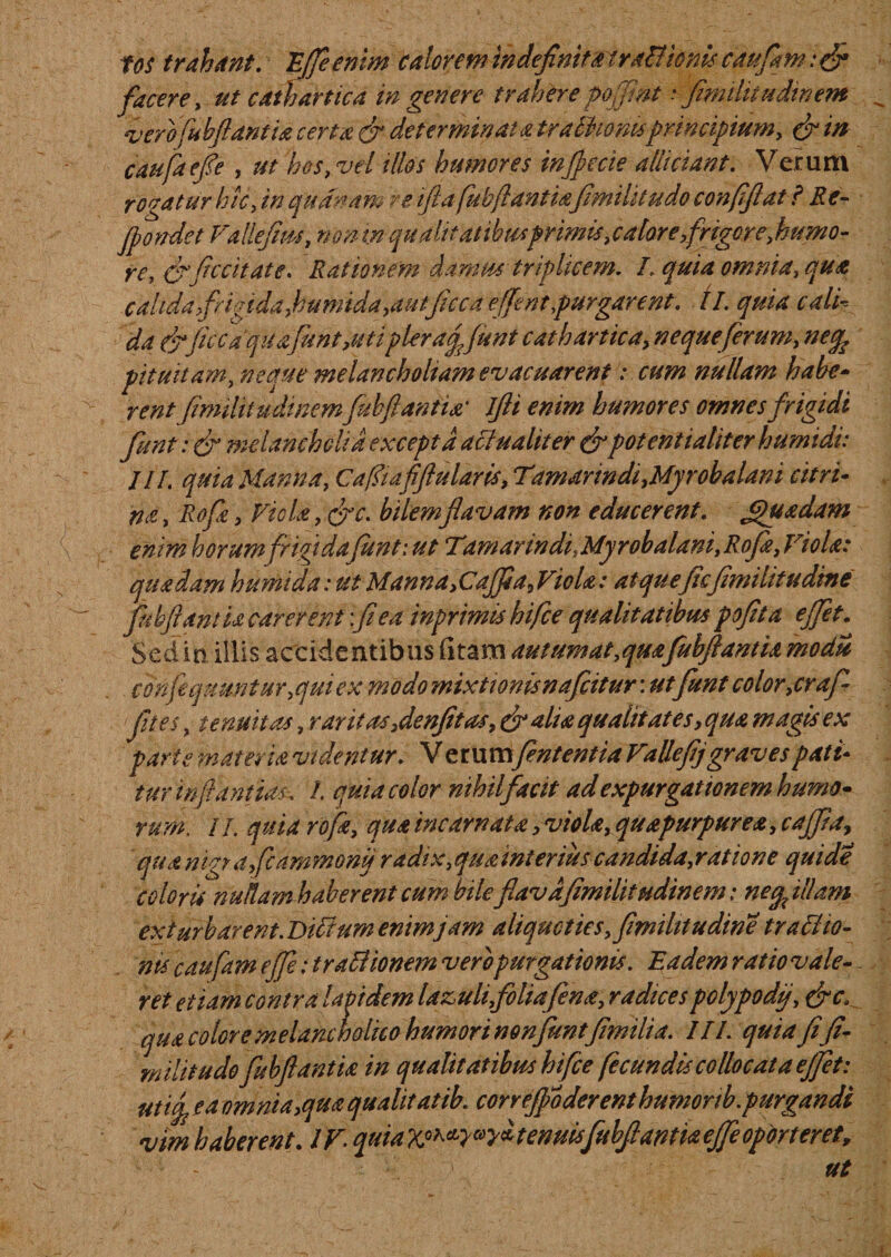 tos trahant. Effle enim calorem Indefinita fradJionis caufatn :&lt;fl facere, ut cathartica in genere trahere pofjmt • fwulituclinem ‘verofubftantia certa (fl determinata traikomsprincipium, &amp; tn caufltefe , ut hos, vel illos humores infecte allidant. Verum rogatur hic, in tjudnam re ifta fubflant iafimilu udo confiftat ? Re- flondet Vallefim, nonin qualitatibusprimis, calore,frigere, humo¬ re, (flfecit at e. Rationem damus triplicem. L quia omnia, qua calida frigida, humida,autficca e ffent purgarent. /1. quia c ali~- da (fl'ficcdqua\funt,utt plerafljunt cathartic a, neque ferum, nefe pituitam, neque melancholiam evacuarent: cum nullam habe- rent fimilitudinem 'fubftantia' ijli enim humores omnes frigidi fiint: &amp; melancholia excepta actu alit er (fl potent taliter humtdi: JII. quia Manna, Cafitafiftularis, Tamarindi,Myrohalani citri• na, Rofe &gt; Vicia, (fle. bilemflavam non educerent. Jfiuadam enim horum frigidafant: ut TamarindtMyrobalani,Rofa, Viola: quadam humida: ut Manna,Caffla, Viola: atqueficfimilitudine fubftantia carerent:fi ea inprimts hifce qualitatibus pofita efflet. Sed in illis accidentibus fitam autumat,qua fubftantia modii confle quuntur,qui ex modomixtionisnafcitur\utfunt color,craf ftes, tenuitas, raritas ,denfitas, (fl alia qualitates, qua magis ex parte materia videntur. V erumfententia Valleflj graves pati¬ tur infantia*. I. quia color nihil facit ad expurgationem humo- rum, / I quia rofa, qua incarnata, viola, quapurpurea, c affla, quamgyafcammonijradix,quainteriuscandida,ratione quide coloris nudam haberent cum bile flavdfimilitudinem: ne filiam exturbarent. Didium enim jam aliquoties, fimiUtudine tradito- nu caufam effle: tradi ionem vero purgationis. Eadem ratio vale- ret etiam contra lapidem lazuli, folia fena, radicespolypodtj, (fle, qua colore m elanc halica humori nonfientflmilia. III. quia fifi- milit udo fubftantia in qualitatibus hifce feeundis collocat a ejfet: utif ea omnia,qua qualitatib. cor re foderent humor tb^purgandi vm haberent. IV quia tenuis fubftantia ejfe oporteret, ut