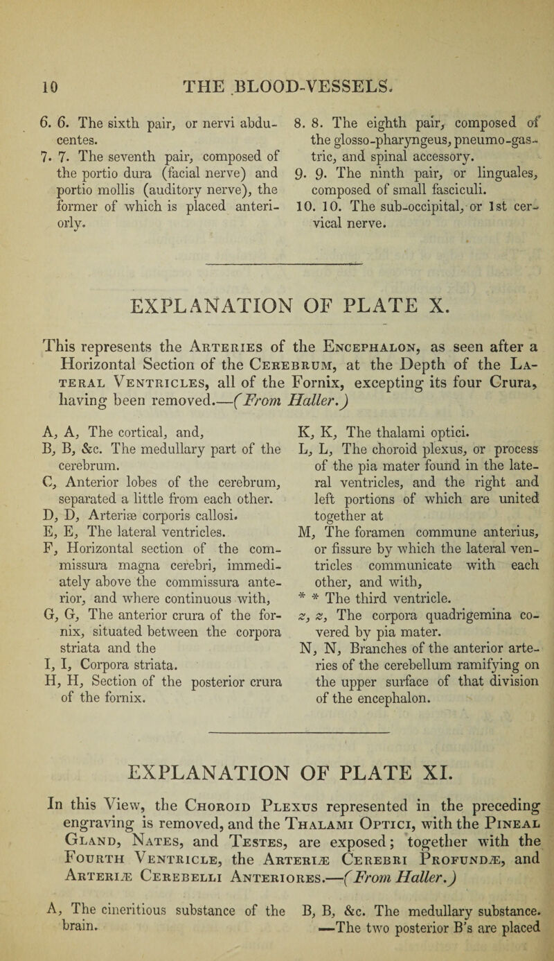 6. 6. The sixth pair, or nervi abdu- centes. 7. 7- The seventh pair, composed of the portio dura (facial nerve) and portio mollis (auditory nerve), the former of which is placed anteri¬ orly. 8. 8. The eighth pair, composed of the glosso-pharyngeus, pneumo-gas- trie, and spinal accessory. 9. 9* The ninth pair, or linguales, composed of small fasciculi. 10. 10. The sub-occipital, or 1st cer¬ vical nerve. EXPLANATION OF PLATE X. This represents the Arteries of the Encephalon, as seen after a Horizontal Section of the Cerebrum, at the Depth of the La¬ teral Ventricles, all of the Fornix, excepting its four Crura, having been removed_(From Haller.) A, A, The cortical, and, B, B, &c. The medullary part of the cerebrum. C, Anterior lobes of the cerebrum, separated a little from each other. D, D, Arterise corporis callosi. E, E, The lateral ventricles. F, Horizontal section of the com- missura magna cerebri, immedi¬ ately above the commissura ante¬ rior, and where continuous with, G, G, The anterior crura of the for¬ nix, situated between the corpora striata and the I, I, Corpora striata. H, H, Section of the posterior crura of the fornix. K, K, The thalami optici. L, L, The choroid plexus, or process of the pia mater found in the late¬ ral ventricles, and the right and left portions of which are united together at M, The foramen commune anterius, or fissure by which the lateral ven¬ tricles communicate with each other, and with, * * The third ventricle. z, z, The corpora quadrigemina co¬ vered by pia mater. N, N, Branches of the anterior arte¬ ries of the cerebellum ramifying on the upper surface of that division of the encephalon. EXPLANATION OF PLATE XI. In this View, the Choroid Plexus represented in the preceding engraving is removed, and the Thalami Optici, with the Pineal Gland, Nates, and Testes, are exposed; together with the Fourth Ventricle, the Arterije Cerebri Profunda, and Arterite Cerebelli Anteriores.—(From Haller.) A, The cineritious substance of the B, B, &c. The medullary substance, brain. —The two posterior B’s are placed