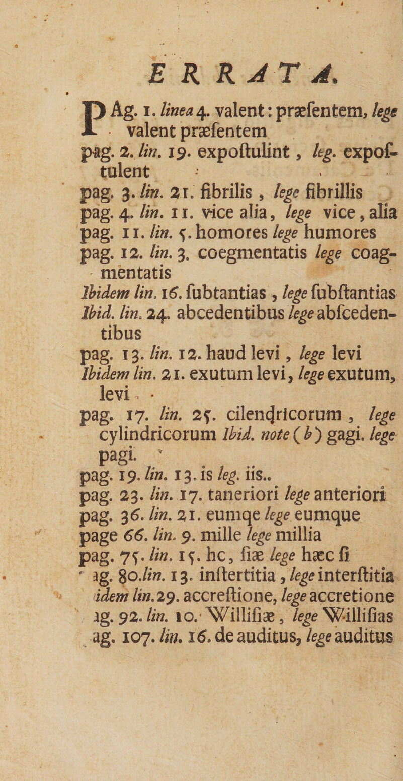 ER RATA. PAg. i. linea4. valent: praefentem, lege valent praefentem pag. 2. lin. 19. expoftulint, Itg. expof- tulent * , ‘ . pag, 3. lin. 2r. fibrilis, lege fibrillis pag. 4. lin. 11. vice alia, lege vice, alia pag. 11. lin. 5. homores lege humores pag. 12. lin. 3. coegmentatis lege coag¬ mentatis Ibidem lin. 16. fubtantias, lege fubftantias Ibid. lin. 24. abcedentibus /^abfceden- tibus pag. 13. lin. 12. haud levi, lege levi Ibidem lin. 2i. exutum levi, /^exutum, levi. • ag. 17. lin. 2?. cilencjricorum , lege cylindricorum lbid. note ( £ ) gagi. /<?£<? pagi * ag. 19. lin. 13. is leg. iis., ag. 23. lin. 17. taneriori /^anteriori ag. 36. lin. 21. eumqe lege eumque age 66. lin. 9. mille lege millia ag. 7f. lin. 15. hc, fiae Zcg* haec fi ag. go./w. 13. inltertitia,/^interftitia idem lin.29. accreftione, /^accretione ag. 92.lin. 10. Wiilifise 5 lege W-illifias ag. 107. lin. 16. de auditus* lege auditus