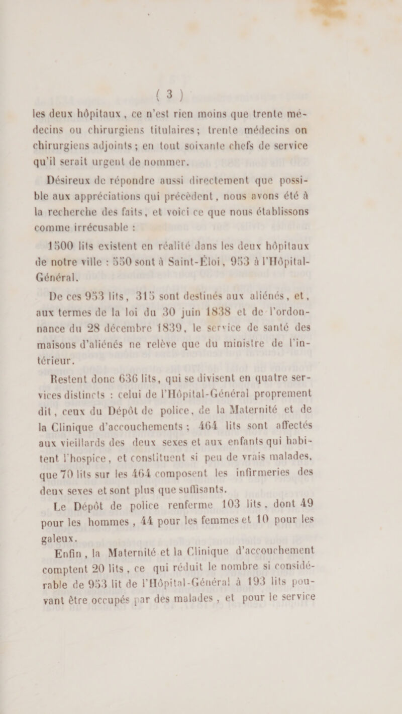 les deux hôpitaux , ce n’est rien moins que trente mé¬ decins ou chirurgiens titulaires; trente médecins on chirurgiens adjoints; en tout soixante chefs de service qu’il serait urgent de noinmer. Désireux de répondre aussi directement que possi¬ ble aux appréciations qui précèdent, nous avons été A la recherche des faits, et voici ce que nous établissons comme irrécusable : loOO lits existent en réalité dans les deux hôpitaux de notre ville : 550 sont A Saint-Kloi, 953 A l’Iîôpital- Général. De ces 953 lits, 315 sont destinés aux aliénés, et, aux termes de la loi du 30 juin 1838 et de l’ordon¬ nance du 28 décembre 1839, le service de santé des maisons d’aliénés ne relève que du ministre de l’in¬ térieur. Restent donc 636 lits, qui se divisent en quatre ser¬ vices distincts : celui de rHôpital-Général proprement dit, ceux du Dépôt de police, de la Maternité et de la Clinique d’accouchements ; i6i lits sont alTcctés aux vieillards des deux sexes et aux enfants qui habi¬ tent l'hospice, et constituent si peu de vrais malades, que 70 lits sur les 46-i composent les infirmeries des deux sexes et sont plus que sufiisants. î.e Dépôt de police renferme 103 lits, dont 49 pour les hommes, 44 pour les femmes et 10 pour les galeux. Enfin , la Maternité et la Clinique d’accouchement comptent 20 lits , ce qui réduit le nombre si considé¬ rable de 953 lit de rilôpitnl-Généra! à 193 lils pou¬ vant être occupés [lar des malades , et pour le service