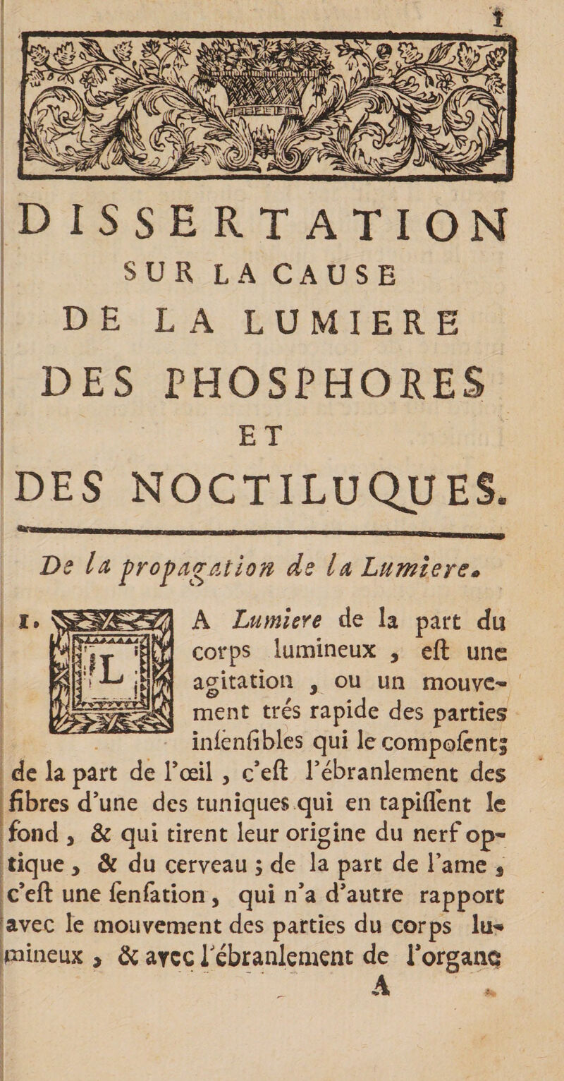 DISSERTATION SUR LA CAUSE DH LA LUMIERE DES PHOSPHORES ET DES NOCTILUQUES. De la propagation de la Lumière. A Lumière de la part du corps lumineux , efl: une agitation , ou un mouve¬ ment très rapide des parties inlëniibles qui lecompofcnt; de la part de Tœil , c’eft l’ébranlement des fibres d’une des tuniques qui en tapiflënt le fond , &amp; qui tirent leur origine du nerf op¬ tique y &amp; du cerveau ; de la part de l’ame s c’eft: une lènfation , qui n’a d’autre rapport avec le mouvement des parties du corps lu- milieux , &amp; avec 1 ébranlement de l’organe A