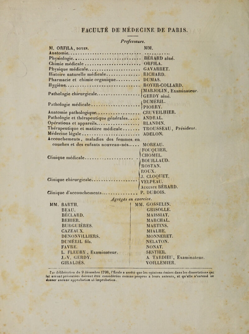 FACULTÉ DE MÉDECINE DE PARIS. Professeurs. M. ORFILA, doyen. MM. Anatomie..... Physiologie.... BÉRARD aîné. Chimie médicale.. ORFILA. Physique médicale..... GAVARRET. Histoire naturelle médicale. RICHARD. Pharmacie et chimie organique. DUMAS. Hygiène. ROYER-COLLARD. „ , . . . . . MARJOLIN, Examinateur. Pathologie chirurgicale.. GERDY aîné. (DUMÉR1L. | PIORRY. Pathologie médicale. Anatomie pathologique. CRUVEILHIER. Pathologie et thérapeutique générales. ANDRAL. Opérations et appareils. BLANDIN. Thérapeutique et matière médicale. TROUSSEAU, Président. Médecine légale. ADELON. Accouchements, maladies des femmes en couches et des eufants nouveau-nés. MOREAU. (FOUQUIER. rr • , .... CHOMER. Clin,que medicale.JBOUILLAOD. fROSTAN. ROUX. |J. CROQUET. VELPEAU. Auguste BÉRARD. Clinique d’accouchements.. P. DUBOIS. 4grêgés en exercice. Clinique chirurgicale. MM. BARTH. BEAU. BÉCLARD. BEH1ER. BURGUIÈRES. CAZEAUX. DENON VILLIERS. DUMÉRIL fils. FAVRE. L. FLEURY , Examinateur. J.-V. GERDY. GIR AL DÈS. MM. GOSSELIN. GRISOLLE. MAISSIAT. MARCHAL. MARTI NS. M1ALHE. MONNERET. NELATON. NONAT. SESTÏER. A. TARDIEU, Examinateur. VOILLEMIER. l'ai délibération du 9 décembre 1798, l’École a arrêté que les opinions émises dans les dissertations qui loi 1er ont présentées doiveut être considérées comme propres à leurs auteurs, et qu’elle n’entend ne donner aucune approbation ni improbation.