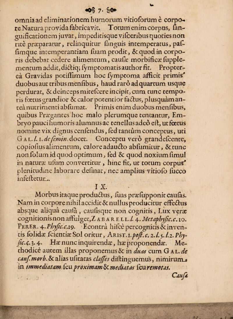 omnia ad eliminationem humorum vicioforum e corpo-*' te Natura provida fabricavic, Torum enim corpus^ lan- guificadonem juvat, impeditisque vifceribus quoties non nce pr^paracur, relinquitur fanguis intemperatus, paC- ftmque intemperantiam jfliam prodit, & quod in corpo¬ ris debebat cedere alimentum, cau& morbificxfupple- mentum addk, didiq; iymptomatis author fit. Proptetr ea Gravidas potiffimum hoc fymptoma afficit primisr' duobus aut tribus menfibus, haud raro ad quartum usque perdurat, & deinceps mitefcere incipit, cum tunc tempo¬ ris foetus grandior & calor potentior faddus, plusquam an¬ tea nutrimen ti abfiimat. Primis enim duobus menfibus, quibus Prargantes hoc malo plerumque cencanciir. Em¬ bryo pauci humoris alumnus ac tenellus adeo eft, ut foetus nomine vix dignus cenfendus, fed tantum conceptus. Uti G A L. /. r. defemin. docet. Conceptu vero grandefcente, copiofius alimentum, calore adau(flo abfumitur, Sc tunc nonfoiumid quod optimum, fed & quod noxiumfimul in natura uilim convertitur , hinc fit, ut totum corpus^ plenitudine laborare definat, nec amplius Titiofo fucco iiifeftecun.. IX. Morbus itaque produGus, Ilias praelupponit caulas. Nam in corpore nihil accidit & nullus producitur effeGus absque aliqua caufa , caufisque non cognitis, Lux verae cognitionis non affuigec,Z a b a r e l l. /. 4. Metaphyfic. c, lo. Perer. 4. PhyJicxA9- ' Econtra hifce percognitis & inven¬ tis folidae fcientiaeSoI oritur, AKisrA,poJl,c,iJ,sJ.i.?hy- nunc inquirendae, hseproponendae. Me¬ thodice autem illas proponemus & in duas cum Gku de cauf.morh.&c^ilidiS ufitatas clajfes diftinguemus, nimirum_j» in immedutamXcuproxmam^medktas ikuremotas.