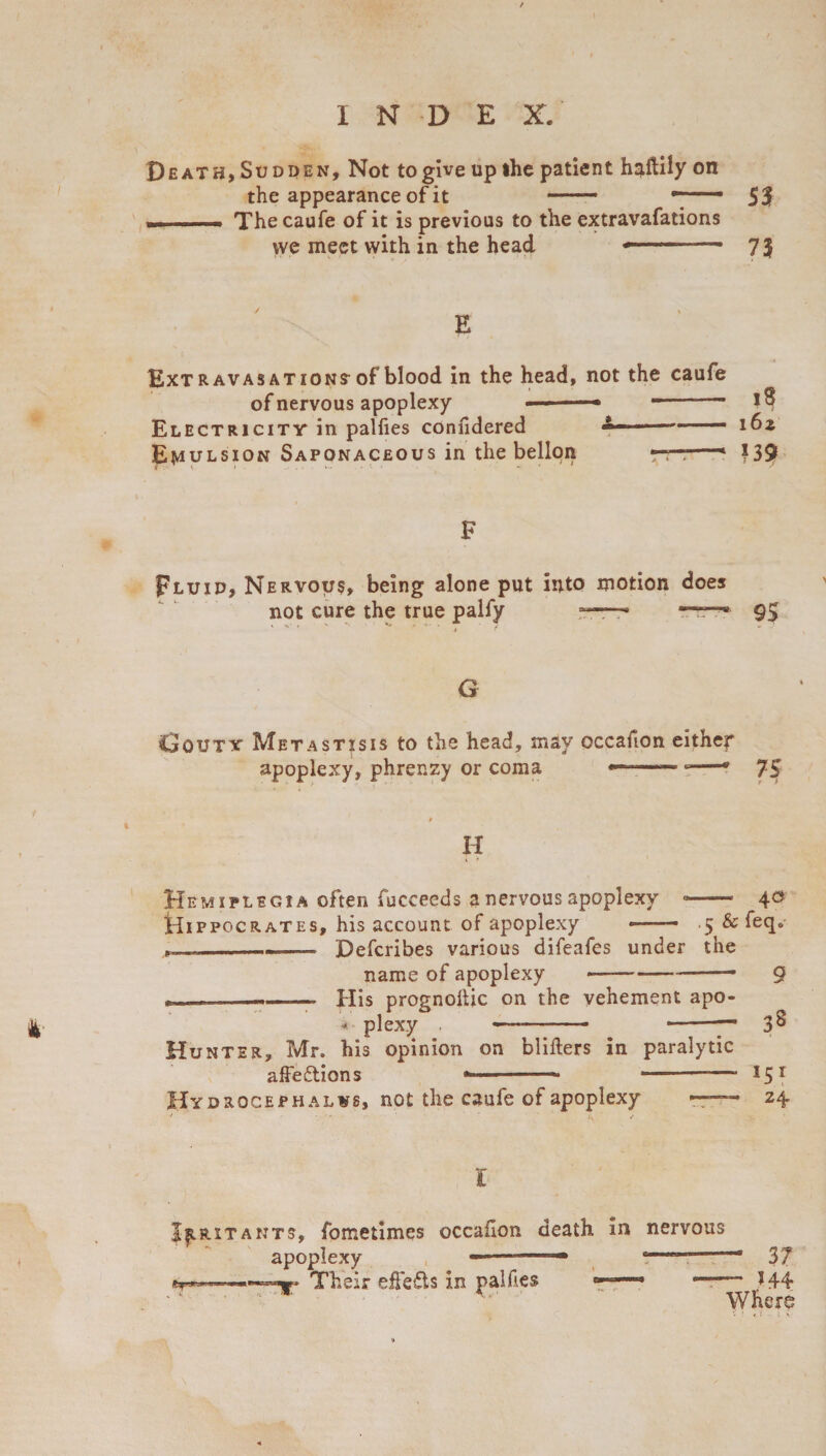 / I N D E X. Death, Sudden, Not to give up the patient huffily on the appearance of it - — $3 mm . —- The caufe of it is previous to the extravafations we meet with in the head --— 73 E Extravasation? of blood in the head, not the caufe of nervous apoplexy ■ ■ ■— — 18 Electricity in palfies confidered * —— 162 Emulsion Saponaceous in the bellpn ' _1 139 F Fluid, Nervous, being alone put into motion does not cure the true palfy — —- 95 * • V v. . y G Gouty Metastasis to the head, may occafton either apoplexy, phrenzy or coma ——— -—* 75 H Hemiplegia often fucceeds a nervous apoplexy — 4o Hippocrates, his account ol apoplexy «-- 5 & feqs -——» Defcribes various difeafes under the name of apoplexy --- 9 n - His prognollic on the vehement apo- * plex.y . ———- *-— Hunter, Mr. his opinion on bliflers in paralytic affections *.. . 151 Hydrocephalus, not the caufe of apoplexy • 24 * ' / l Irritants, fometimes occailon death in nervous apoplexy ——-—“• . 37 .Their effects in palfies • —— 544 Where