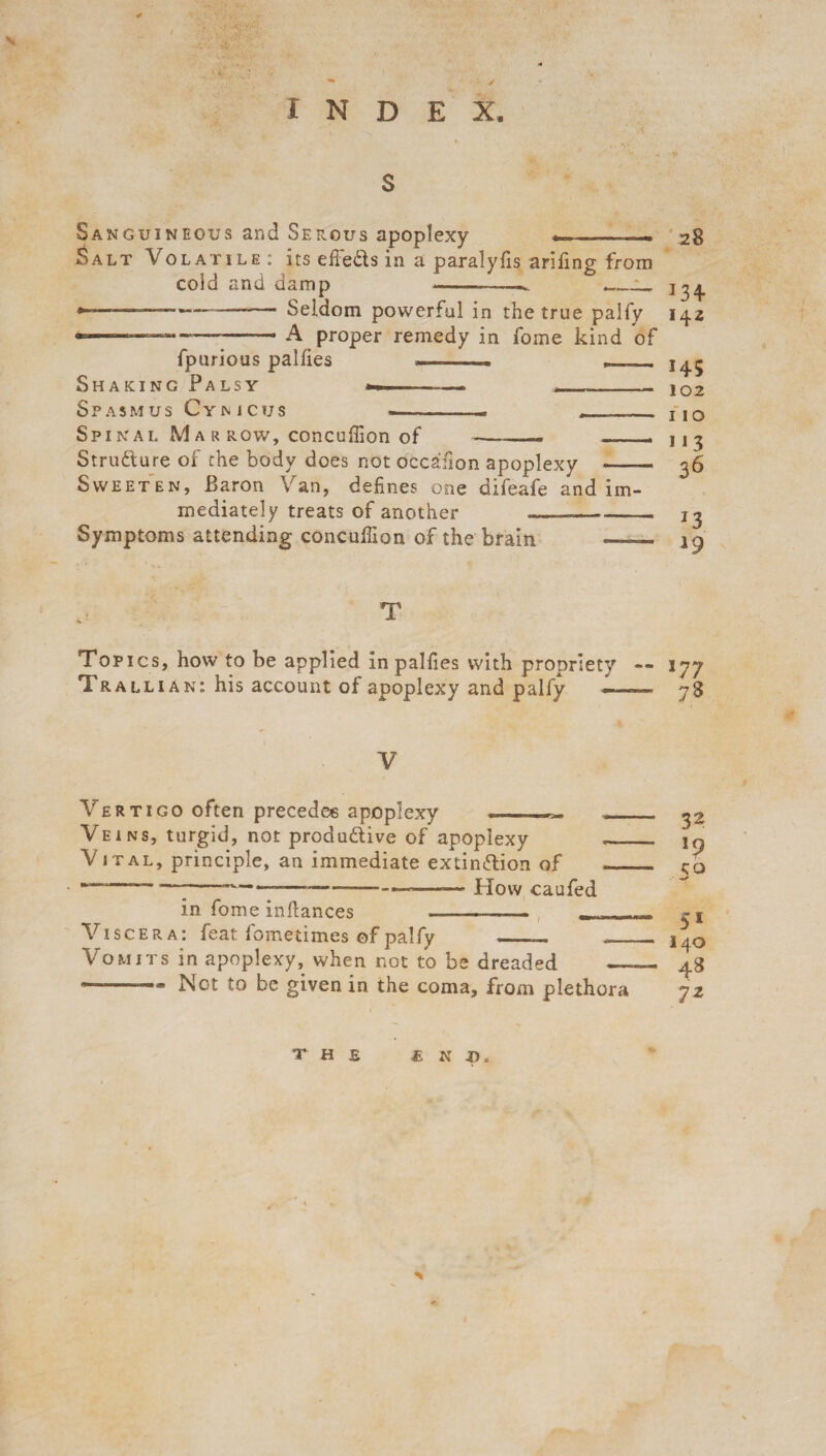 *• ✓ INDEX, f s Sanguineous and Serous apoplexy «-___ Salt Volatile : its efie&s in a paralyfis arifing from cold and damp --—. ___ ————- Seldom powerful in the true palfy *■—---— -A proper remedy in fome kind of fpurious palfies .... Shaking Palsy „_ Spasmus Cynicijs »—— ... — ,r Spikal Marrow, concuffion of ——— _. Structure of the body does not occaiion apoplexy - Sweeten, Baron Van, defines one difeafe and im¬ mediately treats of another -- Symptoms attending concuffion of the brain _ 28 I34- 142 H5 102 110 •13 36 J3 *9 T Topics, how to be applied in palfies with propriety — 177 Trall 1 an: his account of apoplexy and palfy ——— 78 V Vertigo often precedes apoplexy -.. _, Veins, turgid, not productive of apoplexy Vital, principle, an immediate extinction of How caufed in fome infiances --- Viscera: feat fometimes of palfy _... __ Vomits in apoplexy, when not to be dreaded _ ..—Not to be given in the coma, from plethora 32 19 5° 51 140 48 72 the £ N J).