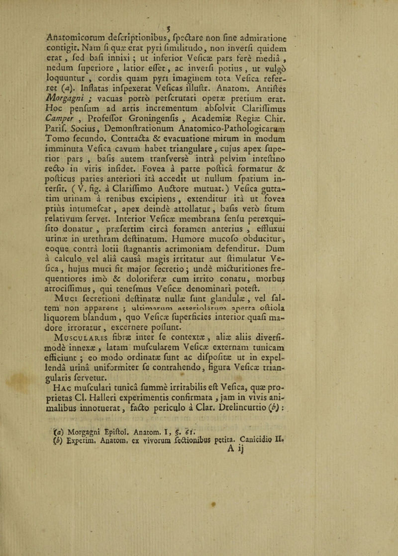 Anatomicorum defcriptionibus, fpe&are non fine admirarione contigit. Nam fi quas erat pyri fimilitudo, non inverfi quidem erat , fed bafi innixi ; ut inferior Veficas pars fere media , nedum fuperiore , latior effer, ac inverfi potius , ut vulgo loquuntur , cordis quam pyri imaginem tota Vefica refer¬ ret (a). Inflatas infpexerat Veficas illuftr. Anatoni. Antifles Morgagni ; vacuas porro perfcrutari operas pretium erat. Hoc penfum ad artis incrementum abfolvit Clarifllmus Camper , Profeflor Groningenfis , Academia Regias Chir. Parif. Socius, Demonftrationum Anatomico-Pathologicarum Tomo fecundo. Contra6ta & evacuatione mirum in modum imminuta Vefica cavum habet triangulare, cujus apex fupe- rior pars , bafis autem tranfverse intra pelvim inteftino redfco in viris infidet. Fovea a parte poftica formatur & pofticus paries anteriori ita accedit ut nullum fpatium in¬ terfit. (V. fig. a Clariflimo Audtore mutuat.) Vefica gutta- tim urinam a renibus excipiens, extenditur ita ut fovea prius intumefcar, apex deinde attollatur, bafis vero fitum relativum fervet. Interior Veficas membrana fenlu perexqui- fito donatur , prasfertim circa foramen anterius , effluxui urinas in urethram deftinatum. Humore mucofo obducitur, eoque contra lotii ftagnantis acrimoniam defenditur. Dum a calculo vel alia causa magis irritatur aut ftimulatur Ve¬ fica , hujus muci fit major fecretio j unde miduritiones fre- quentiores imo & doloriferas cum irrito conatu, morbus atrociflimus, qui tenefmus Veficas denominari poteft. Muci fecretioni deftinatas nullas funt glandula , vel fal- tem non apparent j ultimarum evetertolarum aperra oftiola. liquorem blandum , quo Veficas fuperficies interior quafi ma¬ dore irroratur, excernere poflunt. Musculares fibras inter fe contextas, alias aliis diverfi- mode innexas, latam mufcularem Veficas externam tunicam efficiunt ; eo modo ordinatas funt ac difpofitas ut in expel¬ lenda urina uniformiter fe contrahendo, figura Veficas trian¬ gularis fervetur. Hac mufculari tunica fumme irritabilis eft Vefica, quas pro¬ prietas Cl. Halleri experimentis confirmata , jam in vivis ani¬ malibus innotuerat, fafto periculo a Clar, Drelincurtio (b) : Xa) Morgagni Epiftol. Anatom. I, §. <TI. XJ>) Expcrim, Anatom, ex vivorum fe&ionibus petita. Canicidio Ha A ij