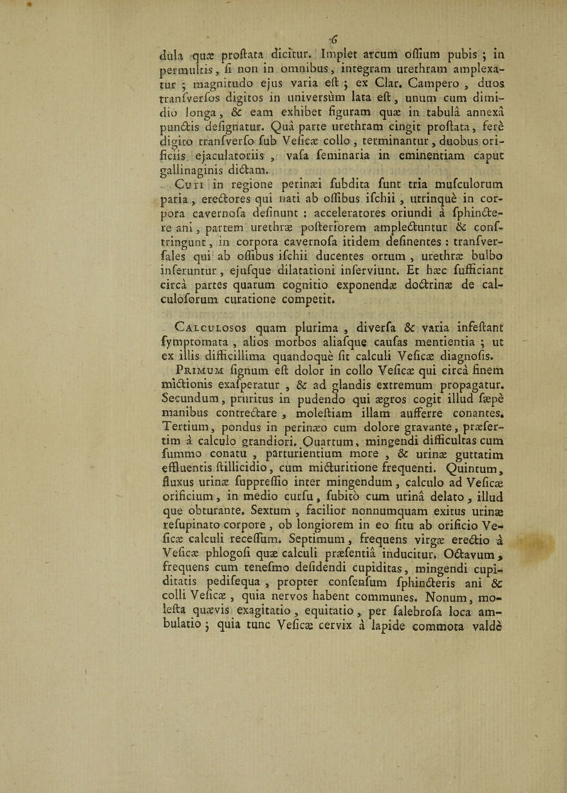 dula quae proflata dicitur. Implet arcum oflium pubis ; in permultis, fi non in omnibus, integram urethram amplexa¬ tur ; magnitudo ejus varia efi ; ex Clar. Campero , duos tranfverfos digitos in universum lata eft, unum cum dimi¬ dio longa, & eam exhibet figuram quae in tabula annexa pundis defignatur. Qua parte urethram cingit proflata, fere digito tranfverfo fub Veficae collo , terminantur, duobus ori¬ ficiis ejaculatoriis , vafa feminaria in eminentiam caput gallinaginis didam. Cuti in regione perinaei fubdita funt tria mufculorum paria , eredores qui nati ab oflibus ifchii , utrinque in cor¬ pora cavernofa definunt : acceleratores oriundi a fphinde- re ani, partem urethrae pofleriorem ampleduntur & conf- tringunt, in corpora cavernofa itidem delinentes : tranfver- fales qui ab oflibus ifchii ducentes ortum , urethrae bulbo inferuntur, ejufque dilatationi inferviunt. Et haec fufficiant circa partes quarum cognitio exponendae dodrinae de cal- culoforum curatione competit. Calculosos quam plurima , diverfa Sc varia infeflant fymptomata , alios morbos aliafque caufas mentientia ; ut ex illis difficillima quandoque fit calculi Veficae diagnofis. Primum fignum eft dolor in collo Veficae qui circa finem midionis exafperatur , & ad glandis extremum propagatur. Secundum, pruritus in pudendo qui aegros cogit illud faepe manibus contredare , moleftiam illam aufferre conantes. Tertium, pondus in perinaeo cum dolore gravante, praefer- tim a calculo grandiori. Ouartum, mingendi difficultas cum fummo conatu , parturientium more , & urinae guttatim effluentis ftillicidio, cum miduritione frequenti. Quintum, fluxus urinae fuppreflio inter mingendum, calculo ad Veficae orificium, in medio curfu, fubito cum urina delato, illud que obturante, Sextum , facilior nonnumquam exitus urinae refupinato corpore , ob longiorem in eo fitu ab orificio Ve¬ ficae calculi recefliim. Septimum, frequens virgae eredio a Veficae phlogofi quae calculi praefentia inducitur. Odavum, frequens cum tenefmo defidendi cupiditas, mingendi cupi¬ ditatis pedifequa , propter confenfum fphinderis ani Sc colli Veficae , quia nervos habent communes. Nonum, mo- lefta quaevis exagitatio , equitatio, per falebrofa loca am¬ bulatio } quia tunc Vefic^ cervix a lapide commota valde