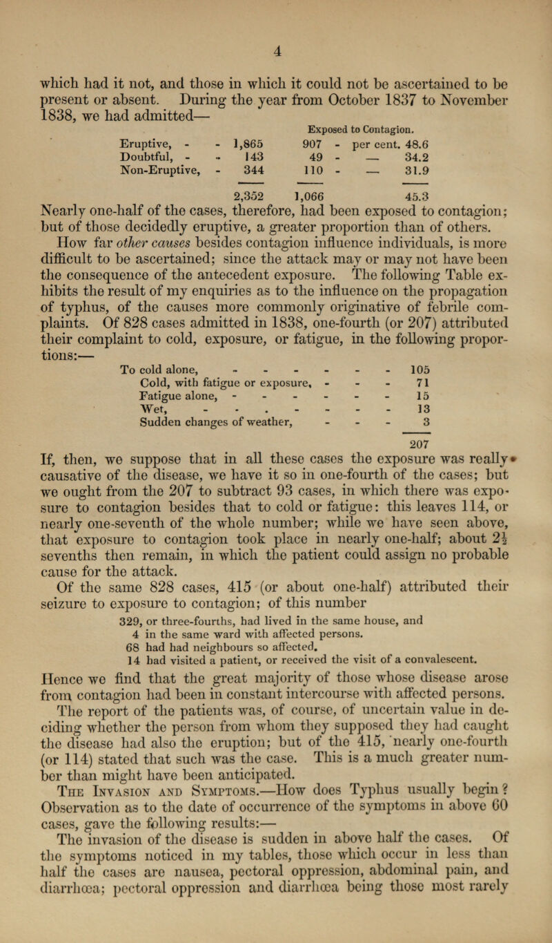 which had it not, and those in which it could not be ascertained to be present or absent. During the year from October 1837 to November 1838, we had admitted— Eruptive, - - 1,865 Exposed to Contagion. 907 - per cent. 48.6 Doubtful, - 143 49 - — 34.2 Non-Eruptive, 344 110 - — 31.9 2,352 1,066 45.3 Nearly one-half of the cases, therefore, had been exposed to contagion; but of those decidedly eruptive, a greater proportion than of others. How far other causes besides contagion influence individuals, is more difficult to be ascertained; since the attack may or may not have been the consequence of the antecedent exposure. The following Table ex¬ hibits the result of my enquiries as to the influence on the propagation of typhus, of the causes more commonly originative of febrile com¬ plaints. Of 828 cases admitted in 1838, one-fourth (or 207) attributed their complaint to cold, exposure, or fatigue, in the following propor¬ tions:— To cold alone, - - - - - -105 Cold, with fatigue or exposure, - - - 71 Fatigue alone, - - - - - - 15 Wet, ....... 13 Sudden changes of weather, ... 3 207 If, then, we suppose that in all these cases the exposure was really* causative of the disease, we have it so in one-fourth of the cases; but we ought from the 207 to subtract 93 cases, in which there was expo- sure to contagion besides that to cold or fatigue: this leaves 114, or nearly one-seventh of the whole number; while we have seen above, that exposure to contagion took place in nearly one-lialf; about 2\ sevenths then remain, in which the patient could assign no probable cause for the attack. Of the same 828 cases, 415 (or about one-lialf) attributed their seizure to exposure to contagion; of this number 329, or three-fourths, had lived in the same house, and 4 in the same ward with affected persons. 68 had had neighbours so affected, 14 had visited a patient, or received the visit of a convalescent. Hence wo find that the great majority of those whose disease arose from contagion had been in constant intercourse with affected persons. The report of the patients was, of course, of uncertain value in de¬ ciding whether the person from whom they supposed they had caught the disease had also the eruption; but of the 415, nearly one-fourtli (or 114) stated that such was the case. This is a much greater num¬ ber than might have been anticipated. The Invasion and Symptoms.—How does Typhus usually begin? Observation as to the date of occurrence of the symptoms in above GO cases, gave the following results:— The invasion of the disease is sudden in above half the cases. Of the symptoms noticed in my tables, those which occur in less than half the cases are nausea, pectoral oppression, abdominal pain, and diarrhoea; pectoral oppression and diarrhoea being those most rarely