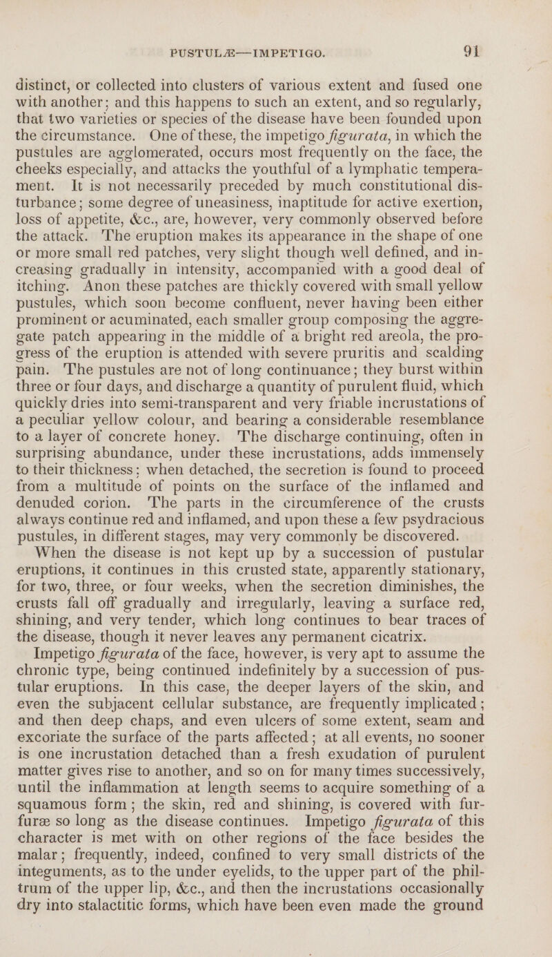 distinct, or collected into clusters of various extent and fused one with another; and this happens to such an extent, and so regularly, that two varieties or species of the disease have been founded upon the Circumstance. One of these, the impetigo figurata, in which the pustules are agglomerated, occurs most frequently on the face, the cheeks especially, and attacks the youthful of a lymphatic tempera¬ ment. It is not necessarily preceded by much constitutional dis¬ turbance; some degree of uneasiness, inaptitude for active exertion, loss of appetite, &c., are, however, very commonly observed before the attack. The eruption makes its appearance in the shape of one or more small red patches, very slight though well defined, and in¬ creasing gradually in intensity, accompanied with a good deal of itching. Anon these patches are thickly covered with small yellow pustules, which soon become confluent, never having been either prominent or acuminated, each smaller group composing the aggre¬ gate patch appearing in the middle of a bright red areola, the pro¬ gress of the eruption is attended with severe pruritis and scalding pain. The pustules are not of long continuance; they burst within three or four days, and discharge a quantity of purulent fluid, which quickly dries into semi-transparent and very friable incrustations of a peculiar yellow colour, and bearing a considerable resemblance to a layer of concrete honey. The discharge continuing, often in surprising abundance, under these incrustations, adds immensely to their thickness; when detached, the secretion is found to proceed from a multitude of points on the surface of the inflamed and denuded corion. The parts in the circumference of the crusts always continue red and inflamed, and upon these a few psydracious pustules, in different stages, may very commonly be discovered. When the disease is not kept up by a succession of pustular eruptions, it continues in this crusted state, apparently stationary, for two, three, or four weeks, when the secretion diminishes, the crusts fall off gradually and irregularly, leaving a surface red, shining, and very tender, which long continues to bear traces of the disease, though it never leaves any permanent cicatrix. Impetigo figurata of the face, however, is very apt to assume the chronic type, being continued indefinitely by a succession of pus¬ tular eruptions. In this case, the deeper layers of the skin, and even the subjacent cellular substance, are frequently implicated; and then deep chaps, and even ulcers of some extent, seam and excoriate the surface of the parts affected; at all events, no sooner is one incrustation detached than a fresh exudation of purulent matter gives rise to another, and so on for many times successively, until the inflammation at length seems to acquire something of a squamous form ; the skin, red and shining, is covered with fur- furse so long as the disease continues. Impetigo figurata of this character is met with on other regions of the face besides the malar; frequently, indeed, confined to very small districts of the integuments, as to the under eyelids, to the upper part of the phil- trum of the upper lip, &c., and then the incrustations occasionally dry into stalactitic forms, which have been even made the ground