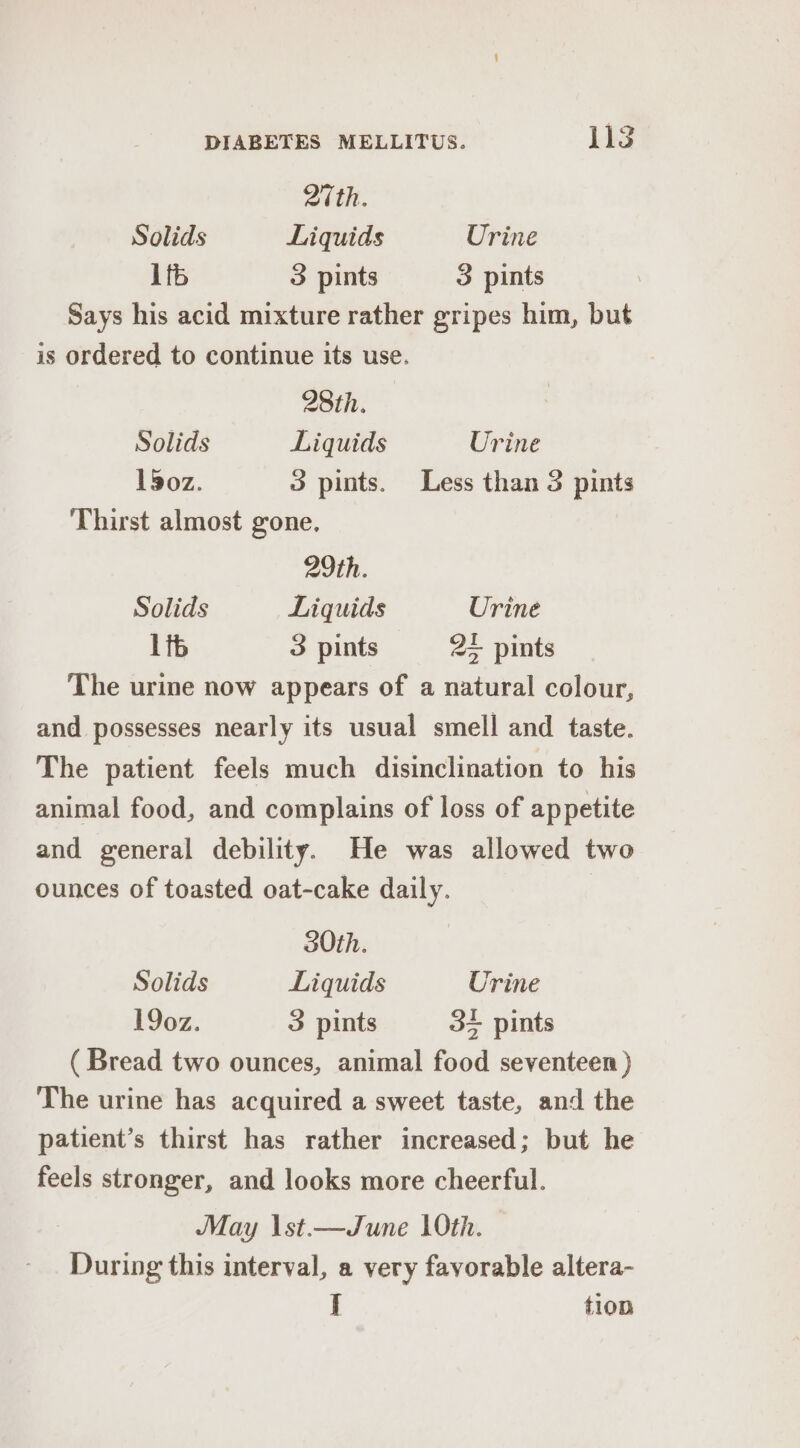 27th. Solids Liquids Urine lté 3 pints 3 pints Says his acid mixture rather gripes him, but is ordered to continue its use. 28th. Solids Liquids Urine 15o0z. 3 pints. Less than 3 pints Thirst almost gone. 29th. Solids Liquids Urine If 3 pints 2+ pints The urme now appears of a natural colour, and possesses nearly its usual smell and taste. The patient feels much disinclination to his animal food, and complains of loss of appetite and general debility. He was allowed two ounces of toasted oat-cake daily. 30th. Solids Liquids Urine 19oz. 3 pints 3+ pints ( Bread two ounces, animal food seventeen ) The urine has acquired a sweet taste, and the patient’s thirst has rather increased; but he feels stronger, and looks more cheerful. May \st.—June 10th. During this interval, a very favorable altera- : tion