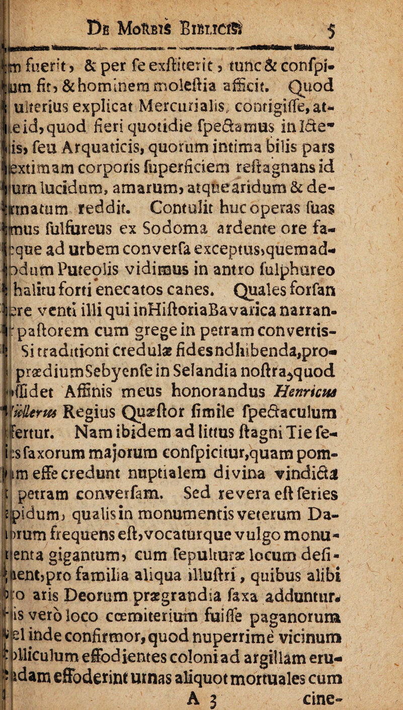 I)B MoftBlS BlBtlCfti m fuerit , & per fe exftiterit 5 tunc & confpi. Ium fit* & hominem moleftia afficit. Quod ulterius explicat Mercurialis, conrigiffe, at* i.eid>quod fieri quotidie fpe&amus in Ide* |is> feu Arquaticis, quorum intima bilis pars (extimam corporis fnperficiem reftagnansid |um lucidum, amarum* atque aridum & de** matum reddit. Contulit huc operas fuas imus fulfureus ex Sodoma ardente ore fa- ^que ad urbem converfa exceptus>quemad- odurn Puteolis vidimus in antro fulphareo halitu forti enecatos canes. Quales forfan ?re venti illi qui inHiftoriaBavarica narran- *: pallorem cum grege in petram convertis- Si traditioni credulas fides ndlubenda,pro- pratdiumSebyenfe in Selandia noftra^quod 4Edet Affinis meus honorandus Henricus 'idtrus Regius Quatftor fimile fpedaculum Ifertur. Nam ibidem ad littus ftagni Tie fe- ijisfaxorum majorum confpicitur,quam pom- hm effecredunt nuptialem divina vindida t petram corwerfam. Sed revera eft feries spidum* qualisin monumentis veterum Da- iDrum frequens eftjvocaturque vulgo monu- tenta gigantum* cum fepulturas locum defi- i|iient>pro familia aliqua illuftri, quibus alibi Mo aris Deorum praegrandia faxa adduntur* sis vero loco ccemiterium fuifie paganorum pl inde confirmor, quod nuperrime vicinum lliculum effodientes coloni ad argillam era¬ dam effoderint urnas aliquot mortuales cum A 3 cine~